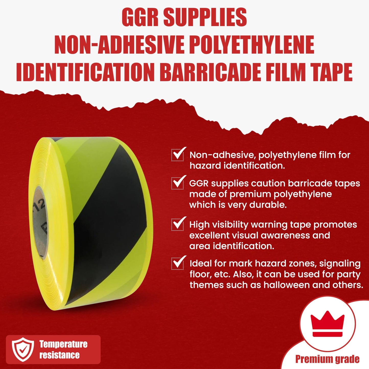 GGR Supplies BRC-80 Non-Adhesive Polyethylene Identification Barricade Film Tape Ideal for Hazardous Areas & Safety Identification. 3 Inch X 1000 Ft. (8 Rolls, Black/Yellow)