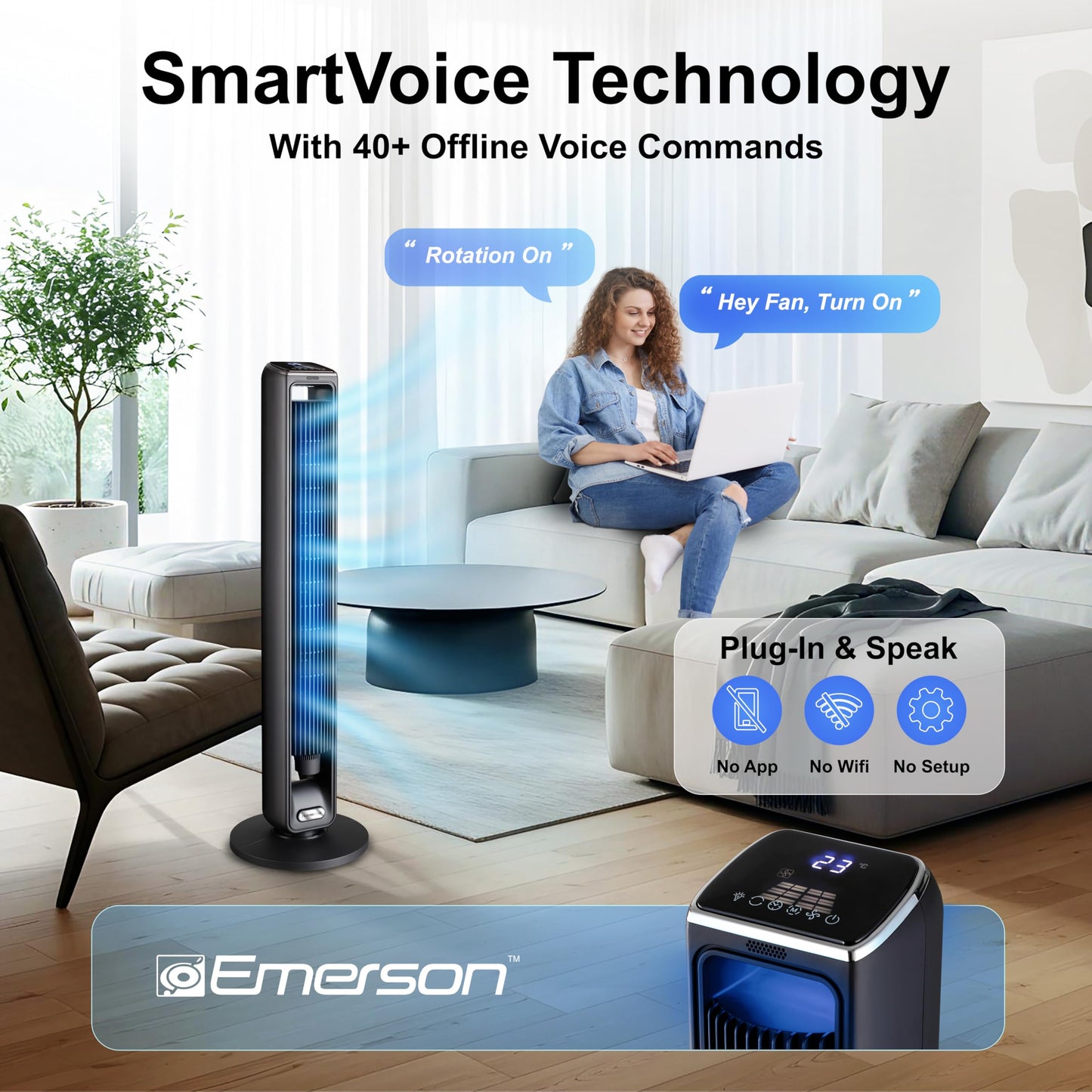 Emerson SmartVoice 42” Tower Fan, Wi-Fi-free Voice Control, No APP, No WIFI, No Setup, 70° Oscillating, 3 Wind Speeds, 15-Hr Timer, Oil Diffuser, Built-in Lighting, Remote Control