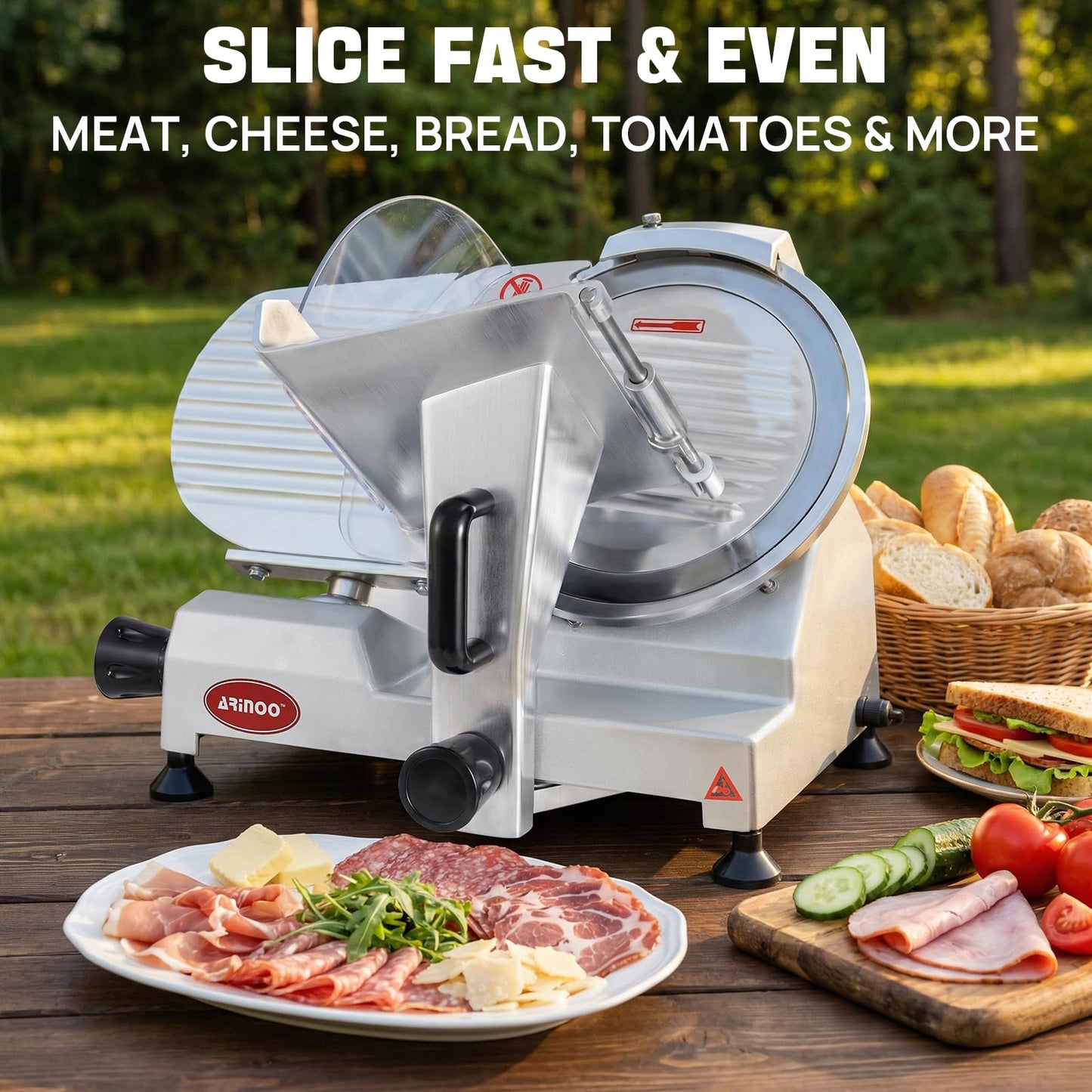 ARINOO 8.5''Commercial Meat Slicer, Electric Food Slicer with Carbon Steel Blade and Sharpening Stone, Deli Food Slicer for Frozen Meat, Cheese, and Bread, Easy to Clean for Home & Restaurant Use