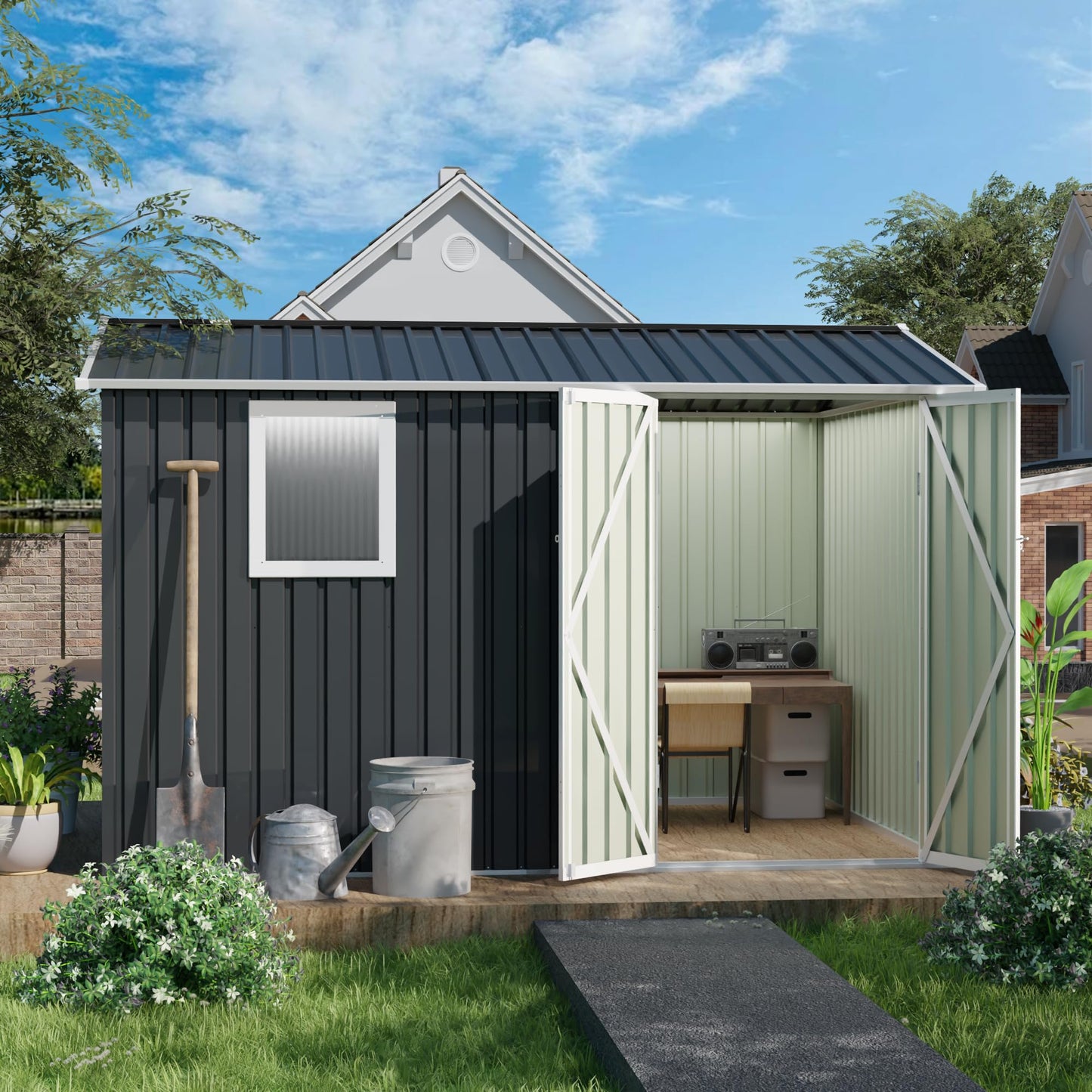KEIKI 9x6 FT Metal Storage Shed with Window, Large Outdoor Backyard Shed for Tools & Equipment, Durable Galvanized Steel Garden Shed for Patio or Tiny House Use, Gray
