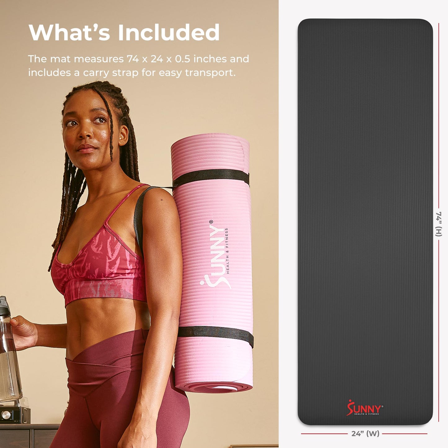 Sunny Health & Fitness Premium 1/2-Inch Extra Thick Exercise Yoga Mat Non-Slip High Density Pilates and Floor Workout Elastic Strap Portable with Carrying Strap- Grey - 74 x 24 Inches - SF-EM03-GY