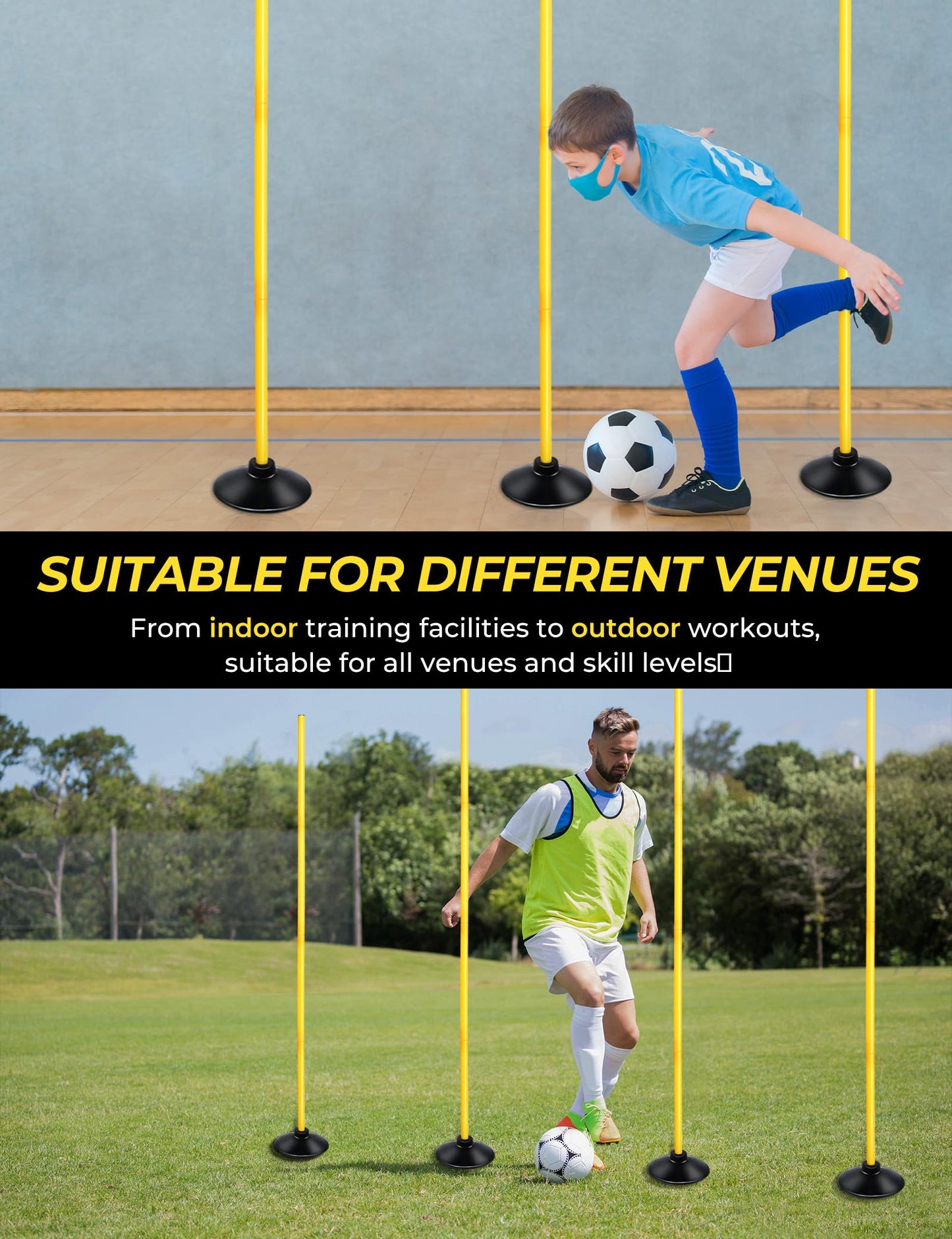 SEAOTTER Soccer Agility Poles Set, 4/6/10 Pcs 6FT Detachable Sports Trainning Speed Poles Slalom Poles with Rubber Base, Agility Training Equipment for Football, Rugby, Basketball, Indoor & Outdoor
