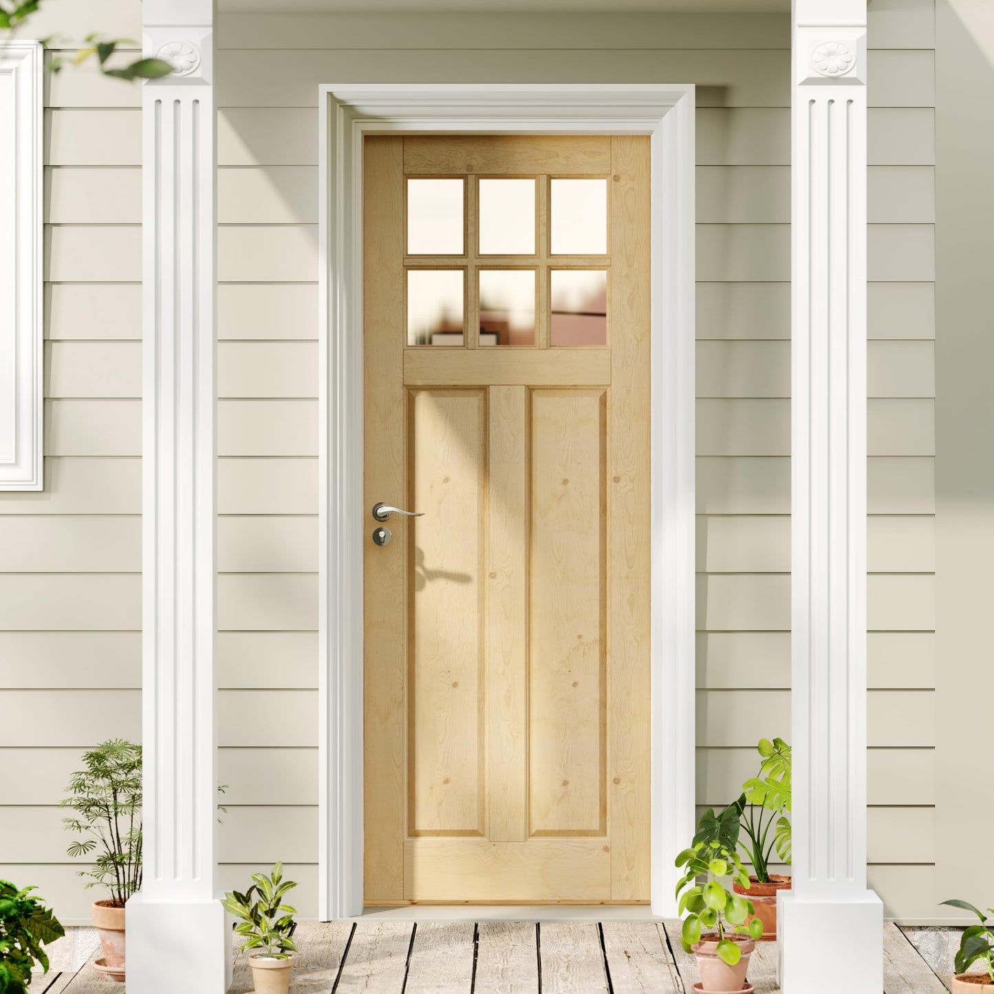 Lakenyon Entry Door, 30" x 80", 6-Panel Clear Glass Front Door, Solid Wood & MDF Exterior Doors, Waterproof Primed, Easy DIY Install-Pine