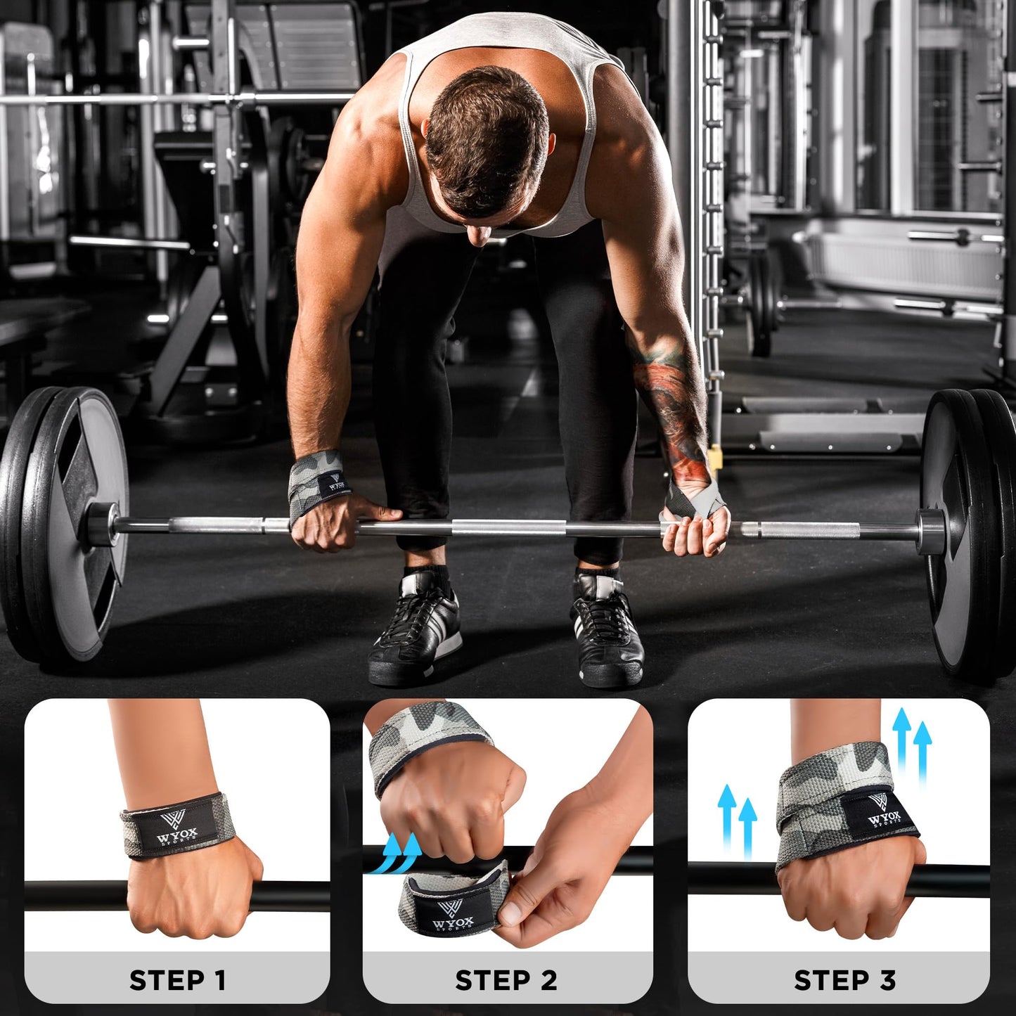 WYOX Figure 8 Weight Lifting Straps for Weightlifting Heavy Duty Deadlifting Workout Straps | Wrist Wraps Gym Equipment Gear Men Women PAIR (Camo, Standard)