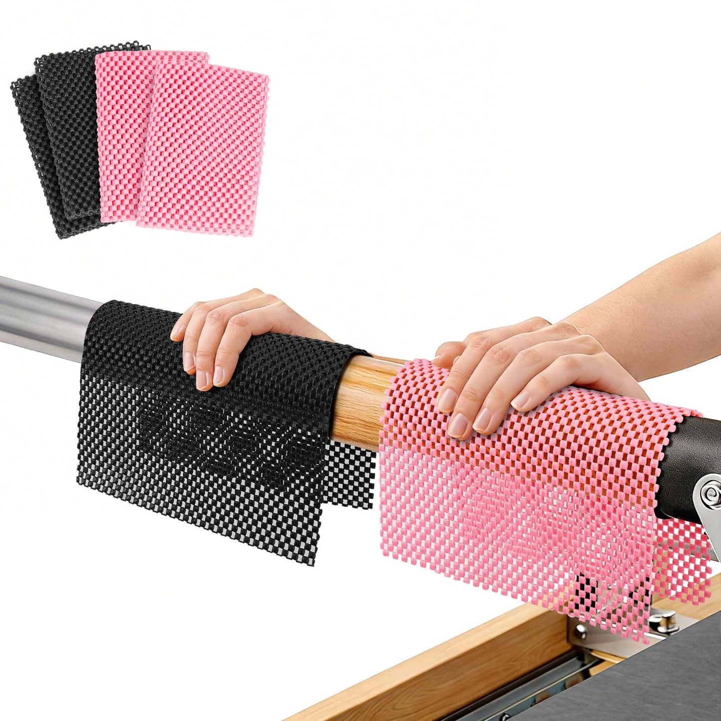 Pilates Grip Pads 4-Pack, Non-Slip Hand Grip Mat for Pilates Reformer, Cadillac Bed, Barre, Pull-Up Bar, Free Weights & Gym Equipment (Black & Pink)