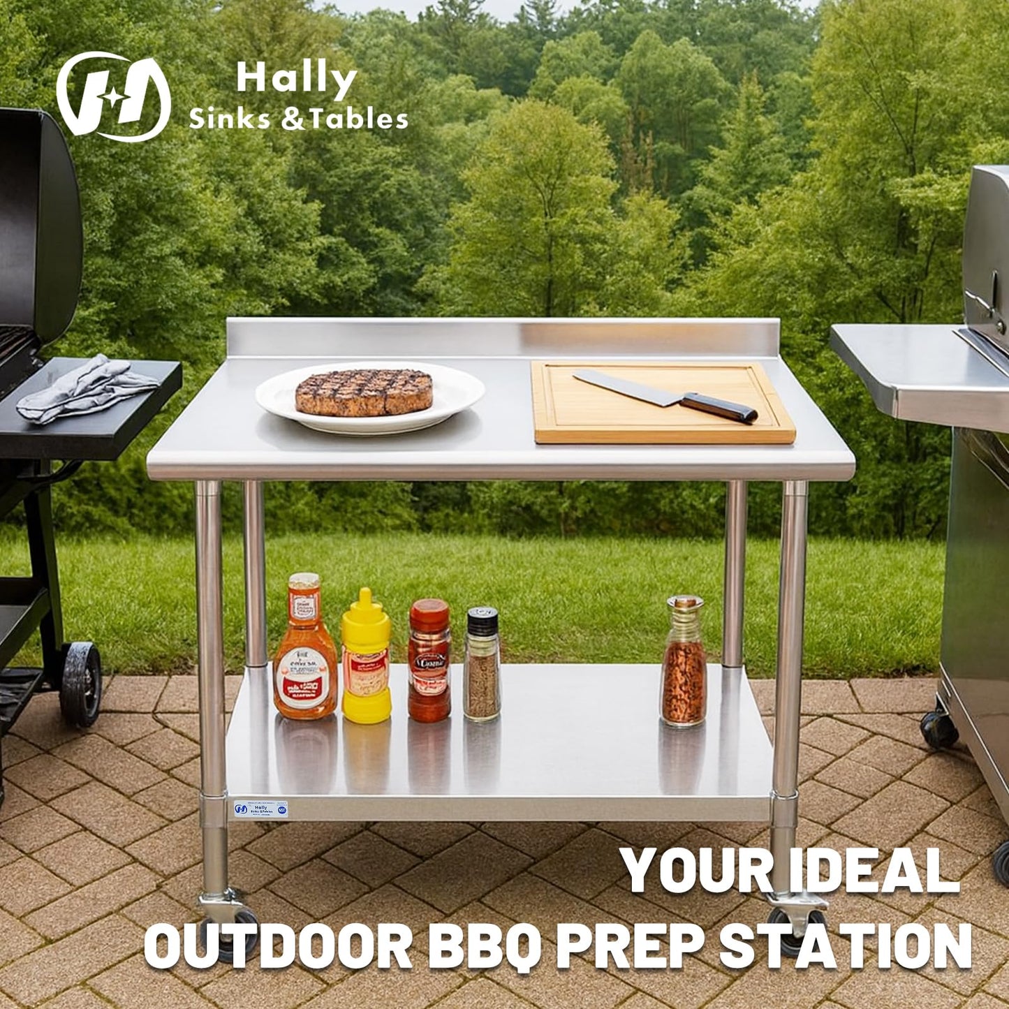 Hally Stainless Steel Table for Prep & Work 24 x 60 Inches with Caster Wheels, NSF Commercial Heavy Duty Table with Undershelf and Backsplash for Restaurant, Home and Hotel