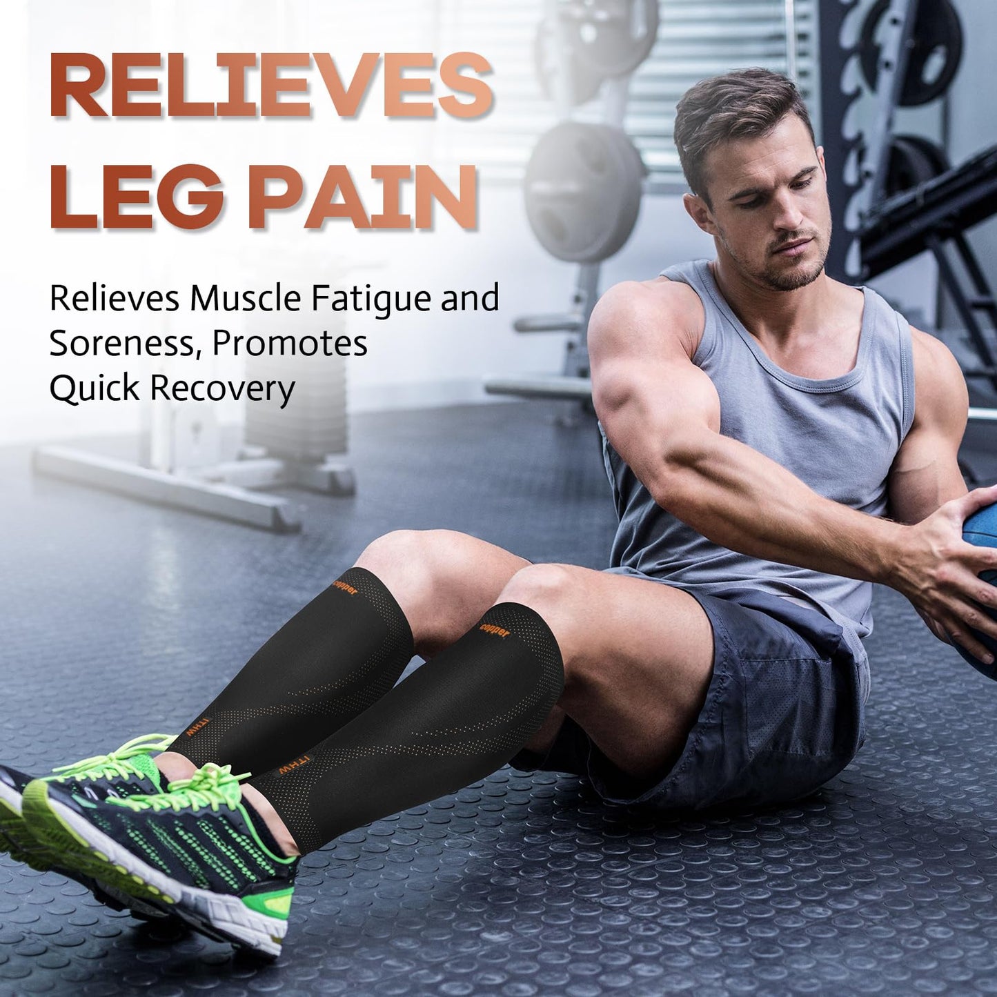 Copper Calf Compression Sleeves for Men & Women - Premium High Stretch Graduated Compression with Anti-Slip Grip | Breathable & Smooth Lining Footless Design for Runners, Shin Splints, Leg Fatigue & Travel (1 Pair)