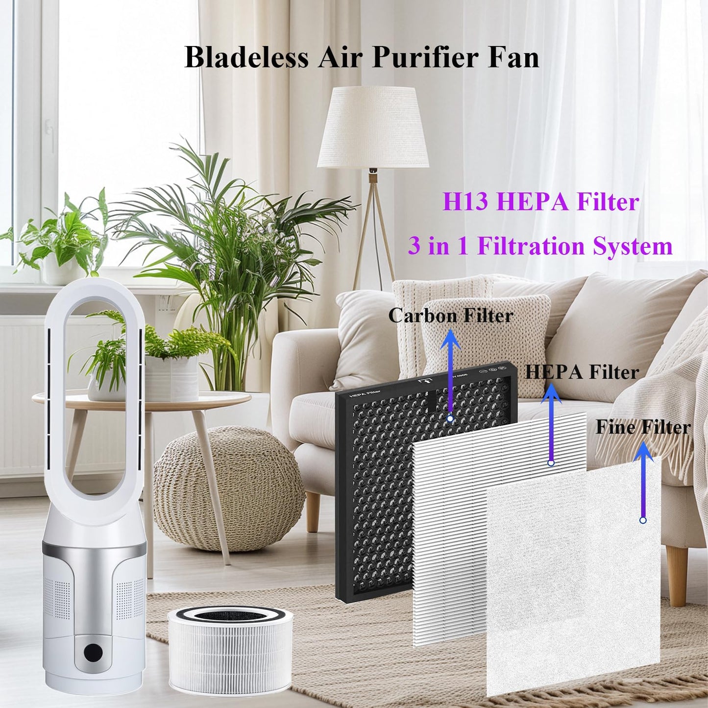 Voagupa Bladeless Tower Fan and Air Purifier, True H13 HEPA Filter, 90° Oscillating Bladeless Fan with Remote and Touch control, 9H Timer, Floor Fans for Bedroom Home Office Use, Silver White