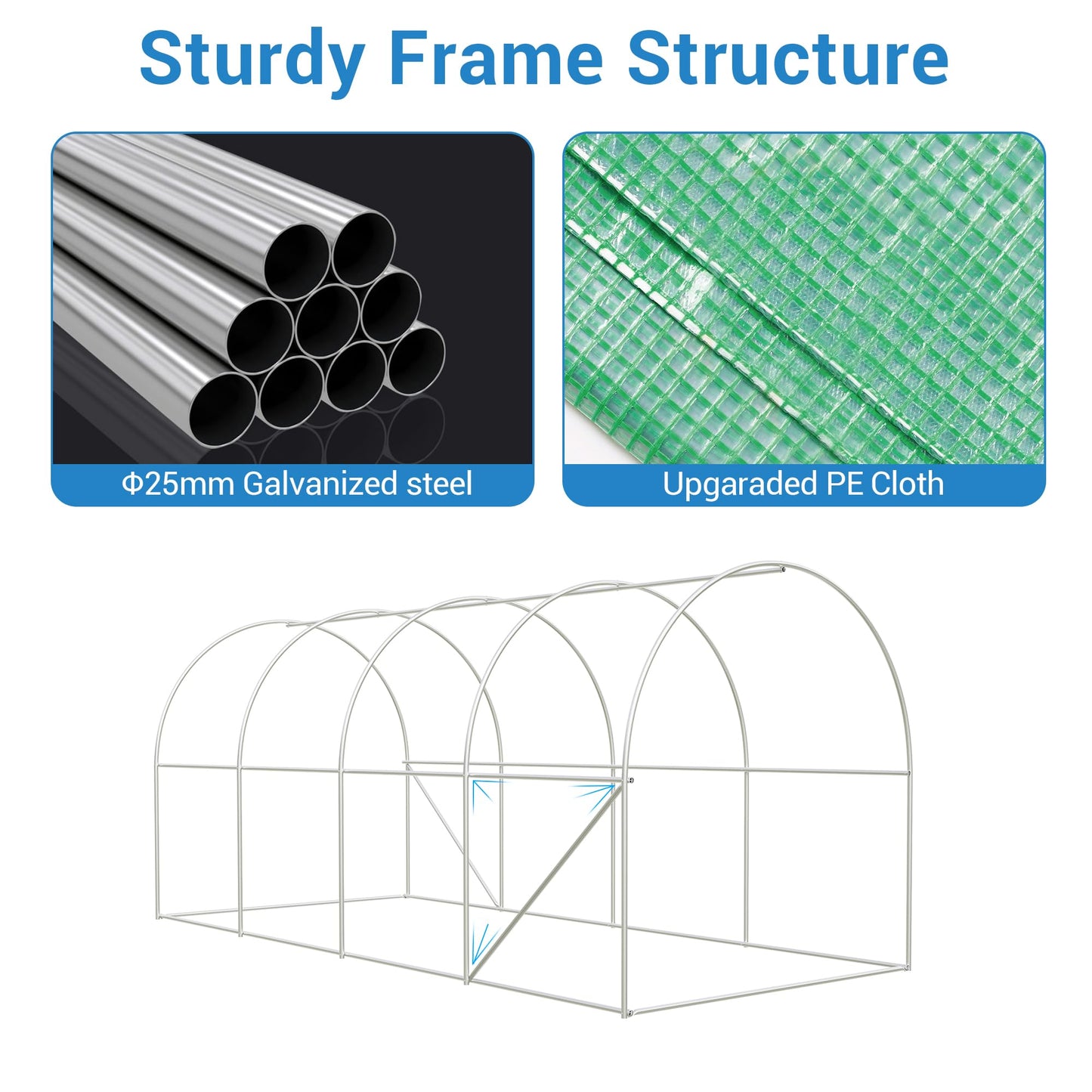 15x7x7 Ft Walk-in Tunnel Greenhouse for Outdoor Gardening - Heavy Duty Galvanized Steel Hoop House with Green PE Cover, Roll-Up Zipper Door & 8 Vent Windows, Plant Protection & Year-Round Growing