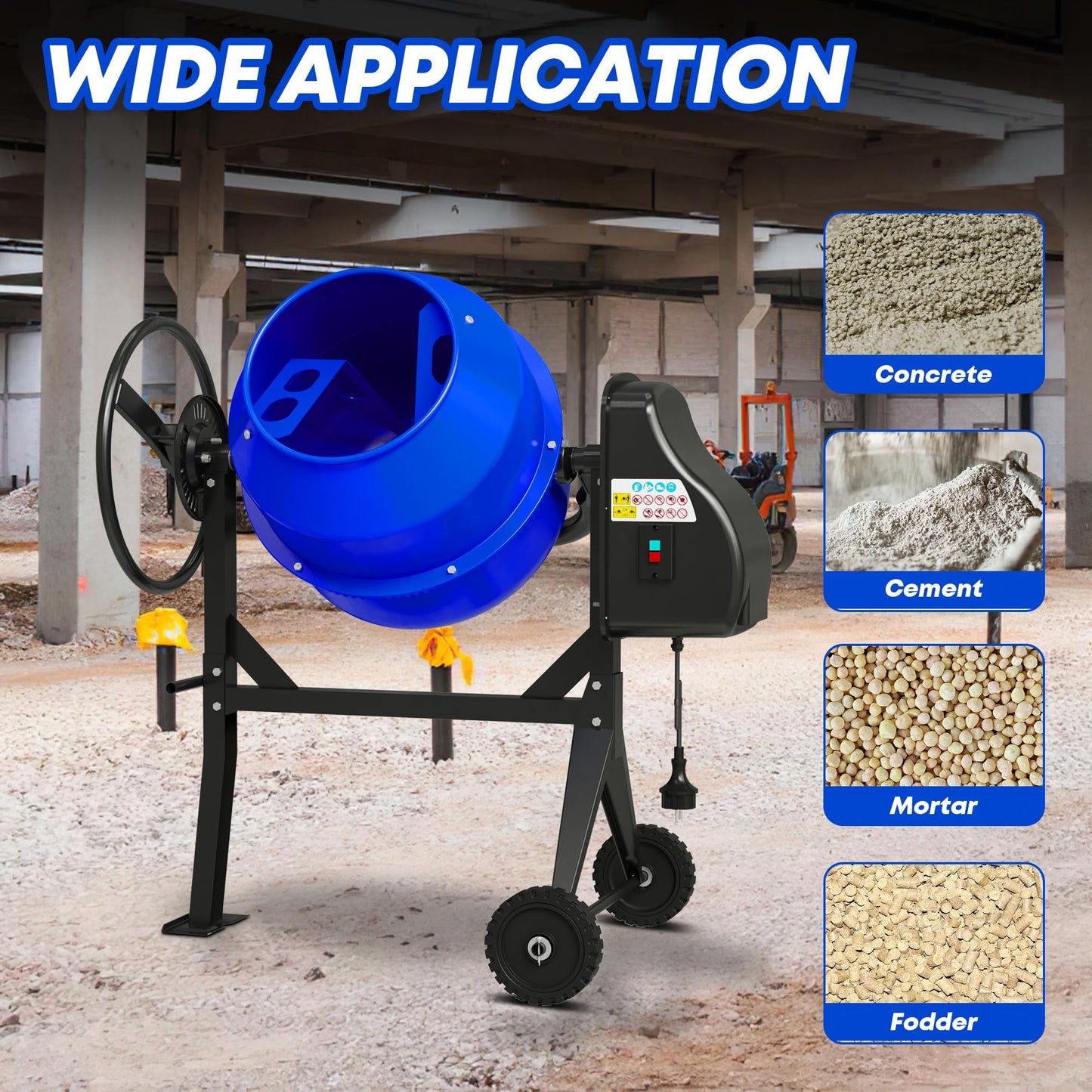 SILVEL Electric Cement Mixer, 4.3 Cu.Ft.450W Portable Concrete Mixer Machine with Wheels & Stand Steel for Stucco, Mortar, Feed Mixing, Farm Use, Blue