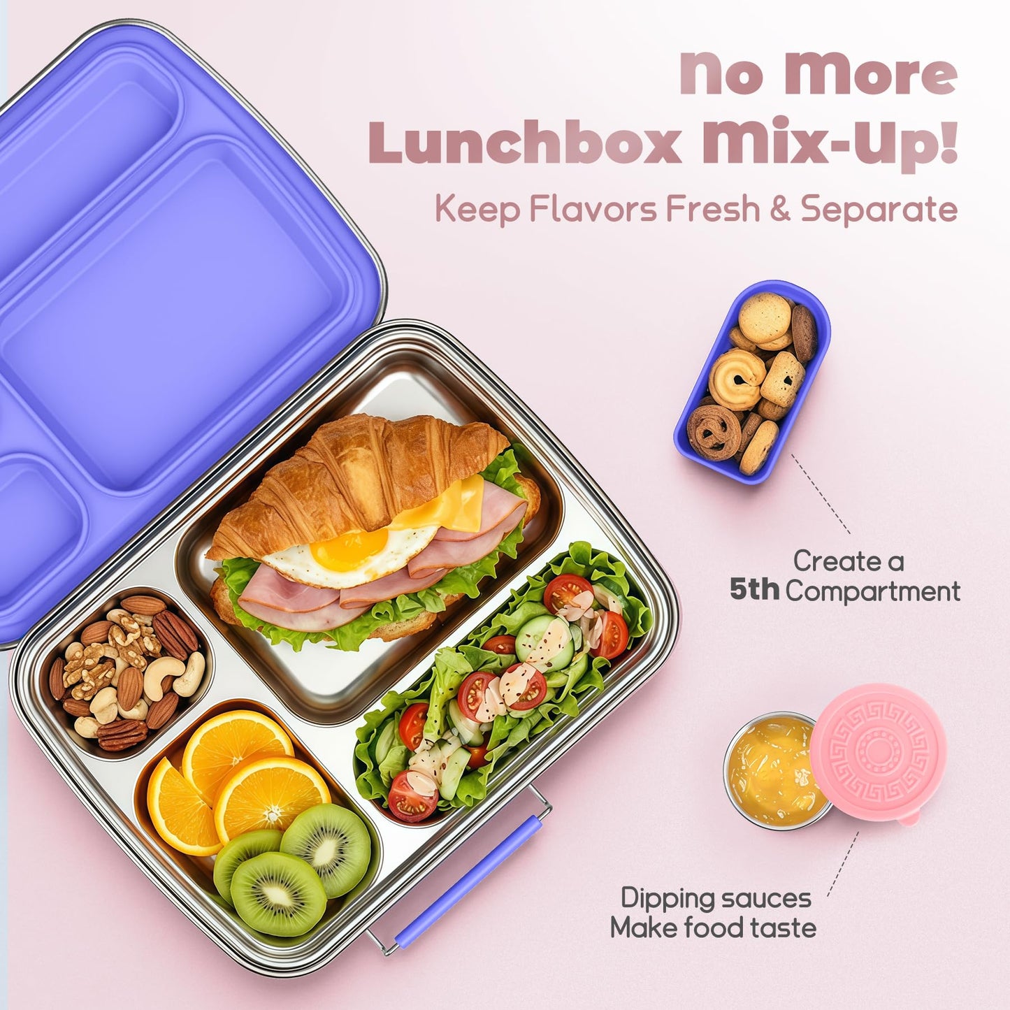 Eoika Stainless Steel Bento Box for Kids, Kids Lunch Box with 4-Compartment, Metal Lunch Box with Silicone Container & Sauce Cup, Durable Lunch Box Containers for School and Office(Purple)