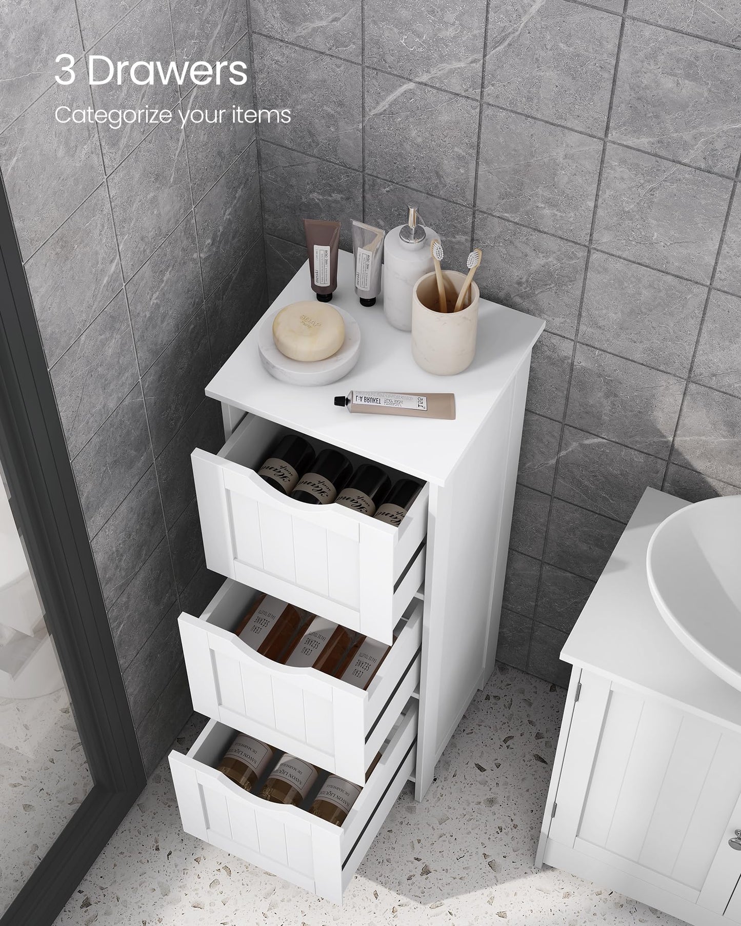 VASAGLE Floor Storage Cabinet, Freestanding Storage Unit with 3 Drawers, 11.8 x 12.6 x 31.9 Inches, for Bathroom, Living Room, Kitchen, Modern Style, Matte White UBBC050WH01S