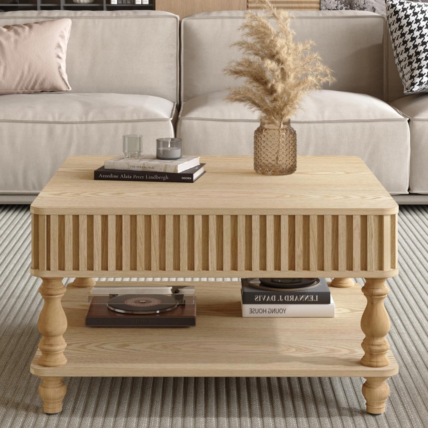 Harr Lift Top Square Coffee Table with Storage, 31.5'' Sofa Side End Table, Fluted Design Hydraulic Raising Mechanism, Hidden Compartment & Open Shelf, Retro Solid Wood Legs for Living Room, Natural