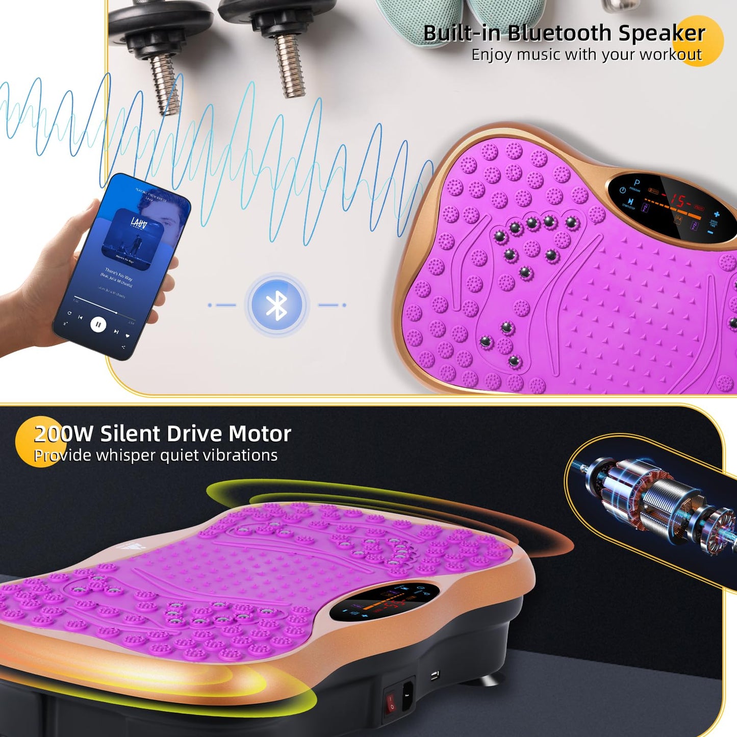 Himaly Vibration Plate Machine, Vibration Fitness Trainer with Bluetooth Speaker, 5 Program Modes, 2 Resistance Bands, Home Exercise Equipment for Fitness Body Toning Black and Purple