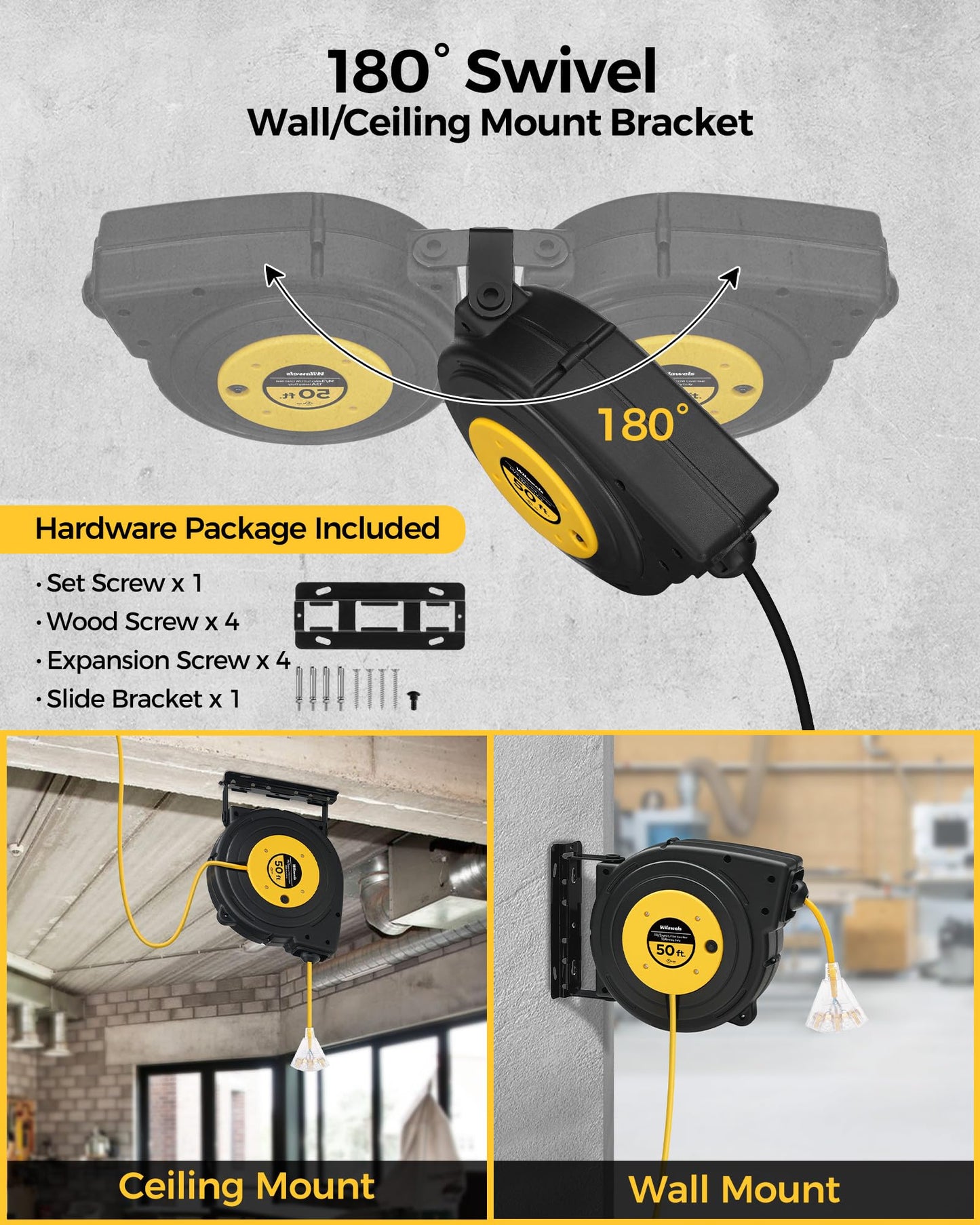 WILAWELS 50 FT 14AWG/3C SJTOW Retractable Extension Cord Reel and 18W 2000LM 15FT LED Work Light Bundle, for Garage, Workshop, Car Repair Scene Y50CR06- Y03WL06
