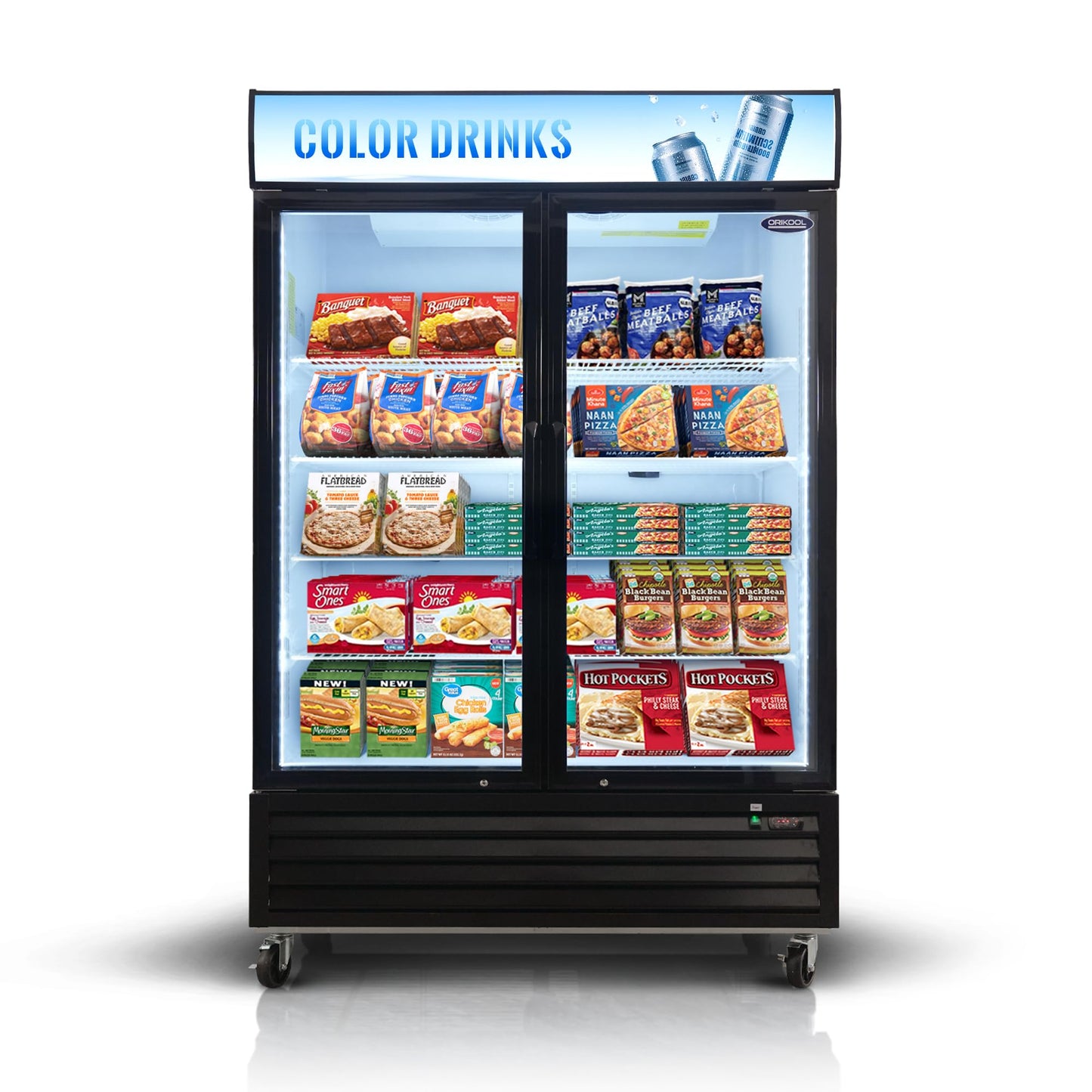 mikibama Glass Door Merchandiser Freezer, 44.7 Cu.ft Swing Door Commercial Reach-In Display Refrigerator with LED Top Panel Upright Freeze Storage, Double Cabinet, Black