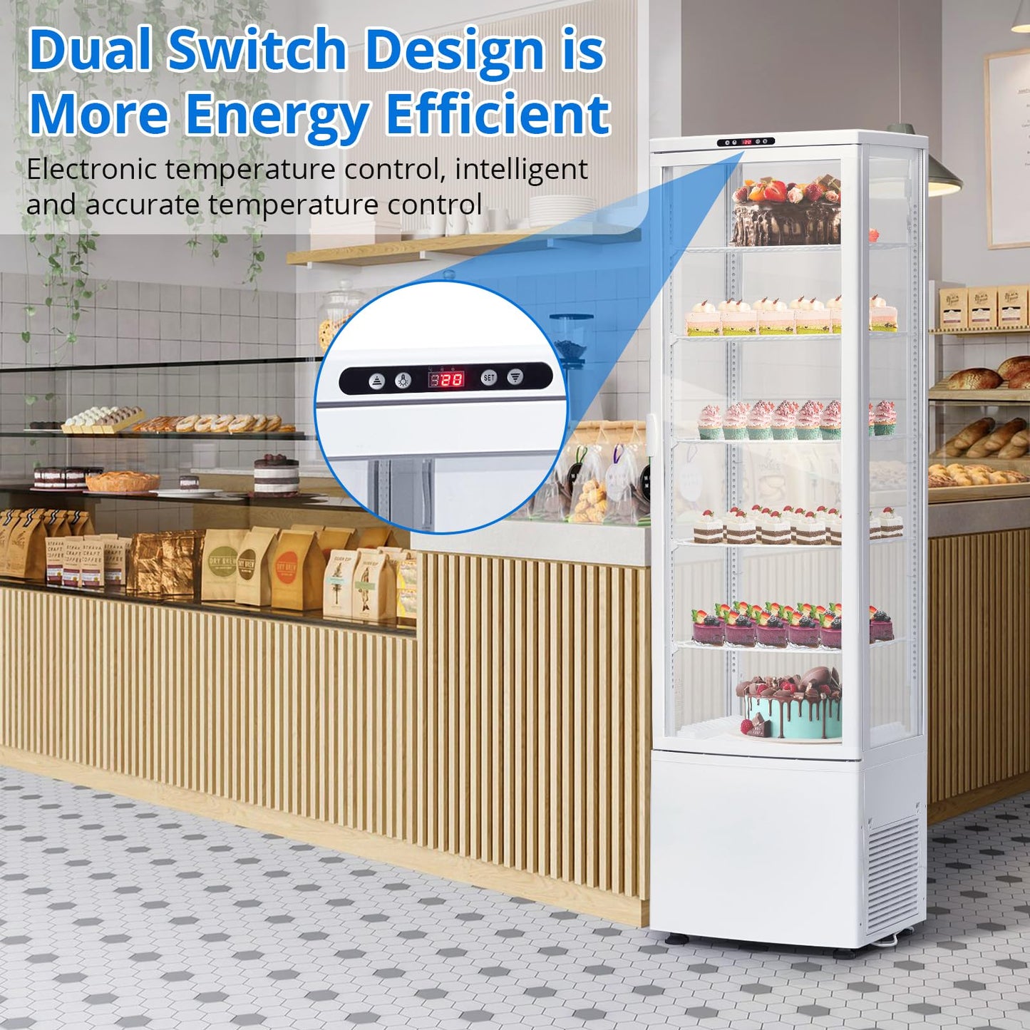 SierraSquad 9.8 Cu.ft Commercial Refrigerator Display Case, Pastry Display Fridge with 4-Sided Double-Layered Glass & LED Lighting, Ventilated Cooling Bakery Display Refrigerator with Casters