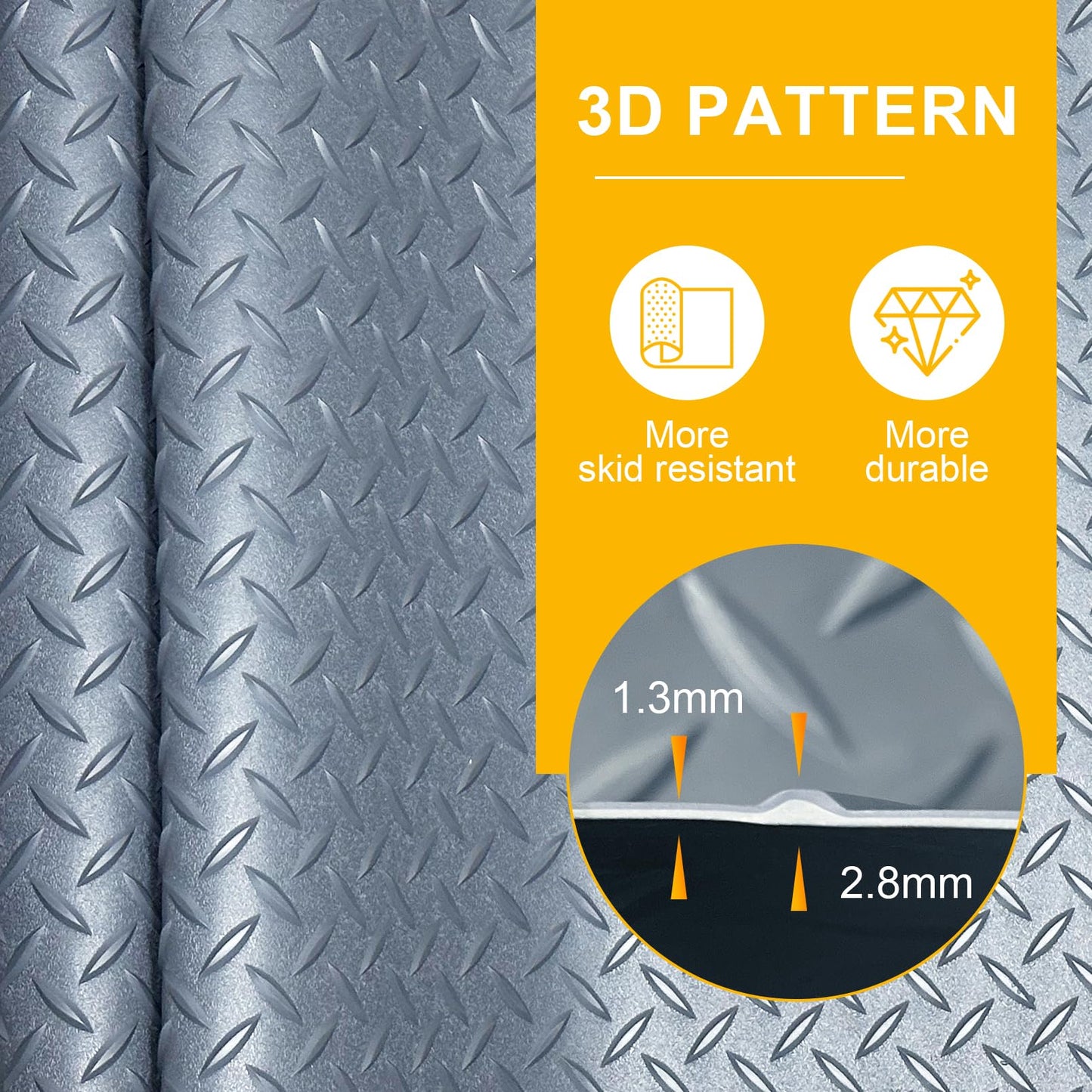 7.5x25 FT Garage Floor Mat, 2.8mm Thickened Flooring Roll Under Car Mat with 20Pcs Tapes, Diamond Plate, Non-Slip Floor Protector Mat for Trailer, Garage, Warehouse, Gyms, Trailer, Matte Gray