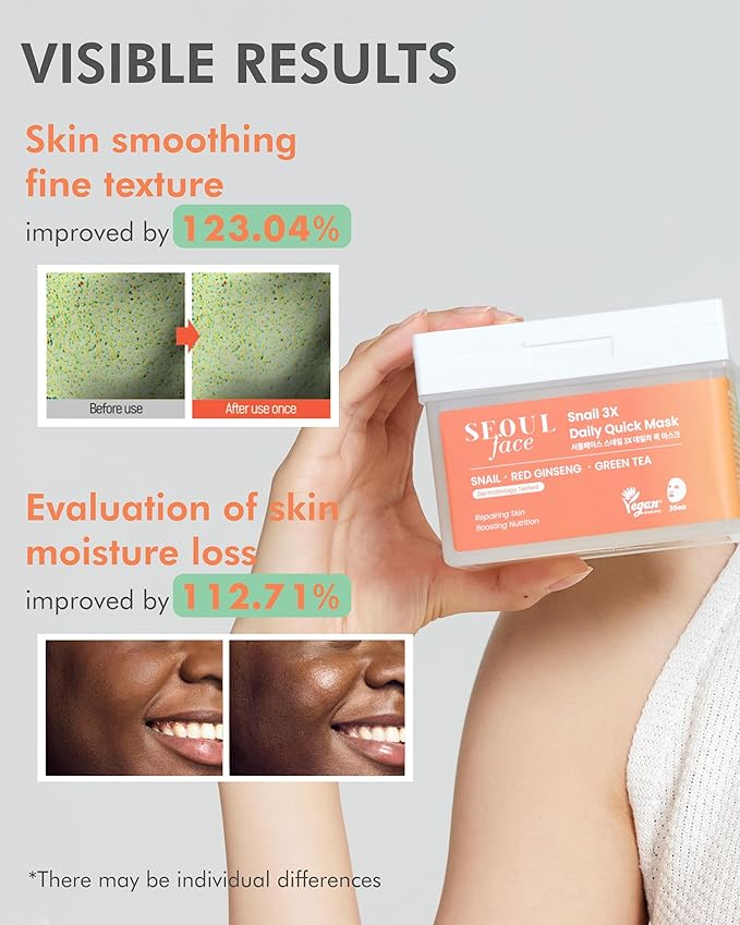 DERMAL Seoul Face Snail 3X Daily Quick Mask 36 Sheet ??Korean Skincare Vegan Tencel Facial Masks - Skin Repairing, Anti Aging Face Mask Sheets with Ginseng Root, Green Tea Leaf Extract