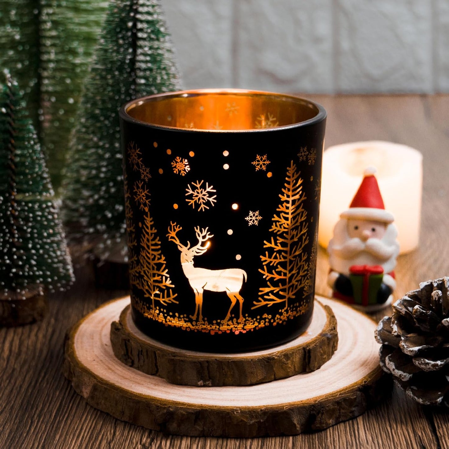 Skiennix Votive Candle Holders - Black & Gold Glass Tealight Set of 3 | Festive Elk, Tree & Snowflake Designs for Holiday Decor