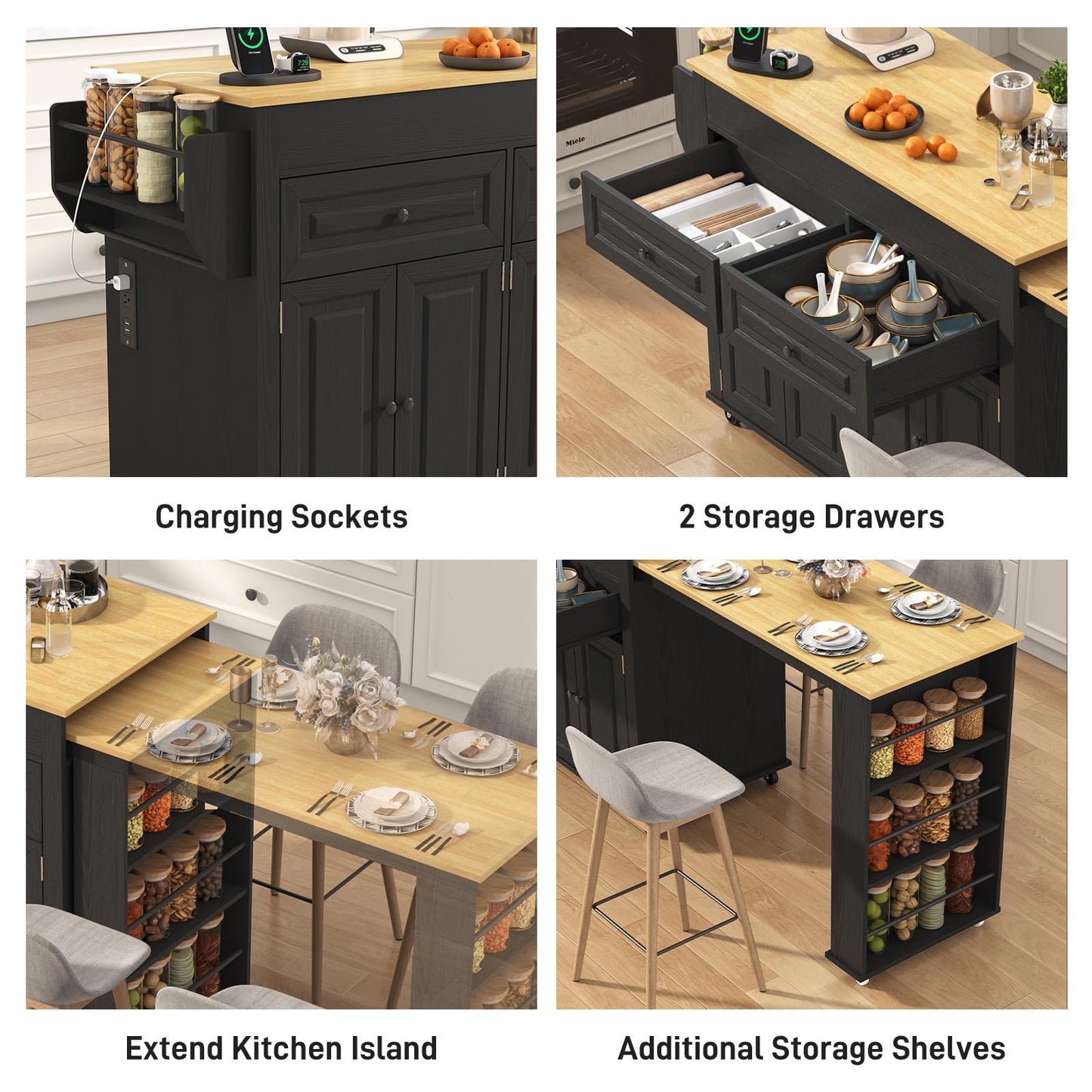 80"-48" Extendable Kitchen Island with Extended Dining Table and Power Outlet,Large Mobile Kitchen Storage Islands with 2 Storage Drawers,Rolling Islands Cart with 3 Extra Rows Open Shelves(Black)