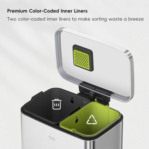 EKO Madison Brushed Stainless 25L+20L Dual Compartment Step Trash Can with Inner Liner, Recycling Bin, Soft-Close Lid, Fingerprint-Resistant Finish, and Durable Stainless Steel for Home and Office