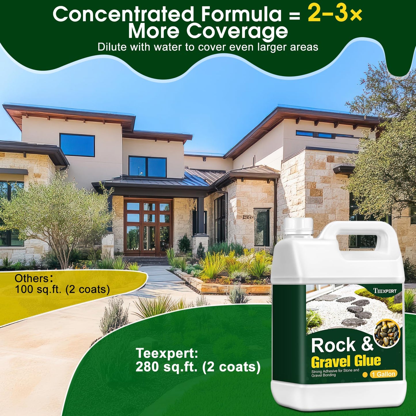 Teexpert 1 Gallon Rock Glue for Landscaping – Strong Pea Gravel Binder & Stone Adhesive for Walkways, Yards, Patios, and Decorative Driveway Edges