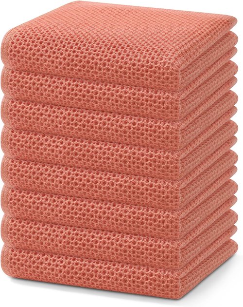 Homaxy 100% Cotton Waffle Weave Dish Towels - Ultra Soft & Absorbent, Quick Drying | 13 x 28 Inches, 8-Pack, Coral