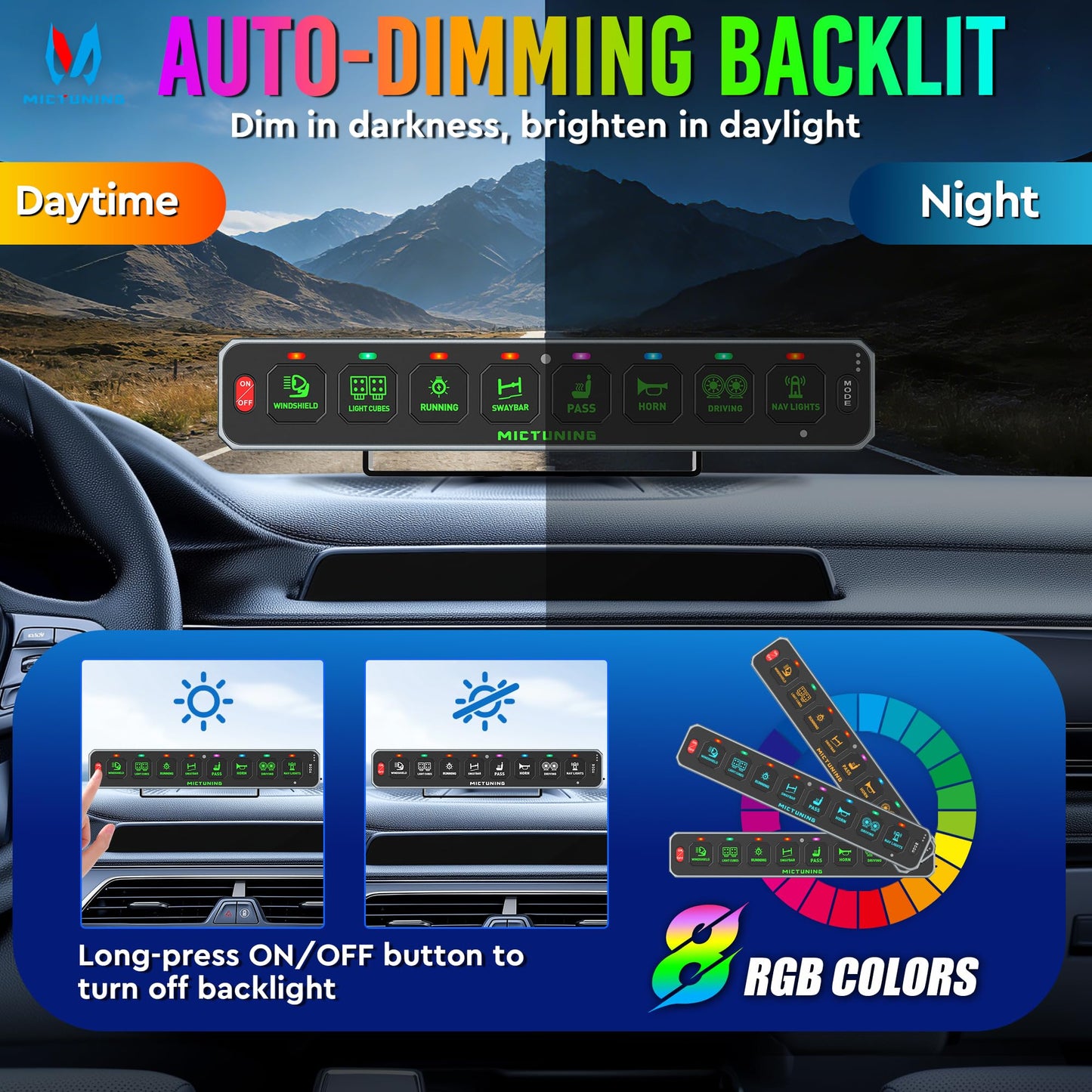 MICTUNING MS-W 8 Gang Wireless Switch Panel Slim Design,208FT Range RGB Auto-dimming Backlit, Rechargeable Multifunction Toggle Momentary Flash Strobe Circuit Control Relay Box for Off Road Truck