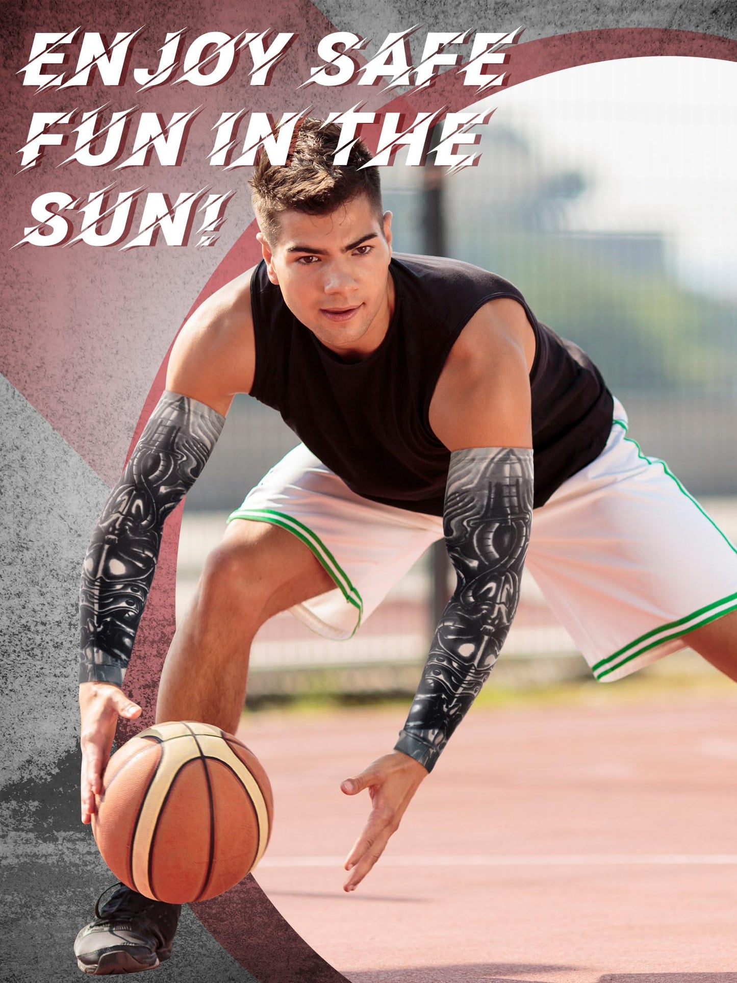 Boao 20 Pcs Men's Cooling Arm Sleeves Long Fingerless Arm Cover Anti Slip UV Protection Sun Temporary Tattoo Sleeves(Multi Style,Classic Colors,Large)