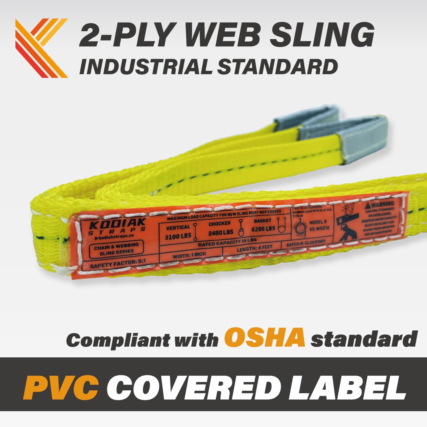 2-Ply Lifting Sling Straps 1”x 4ft - 3100lbs Vertical Capacity Heavy Duty Flat Eye Lift Sling, for Rigging Moving Towing Hoisting -1Pack - Kodiak Straps