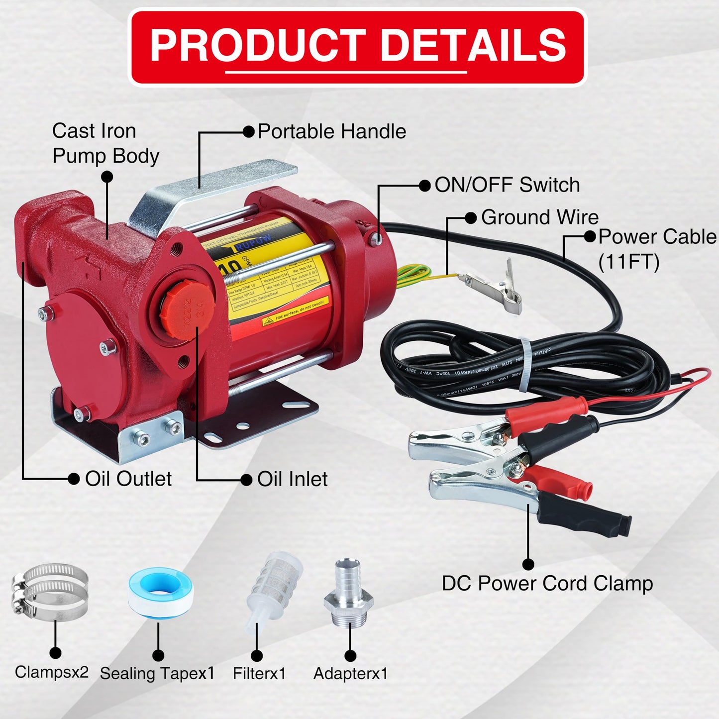 Trupow 12V DC 10GPM Self-priming Gasoline Diesel Oil Fuel Transfer Pump Kit with Discharge Hose & Nozzle…