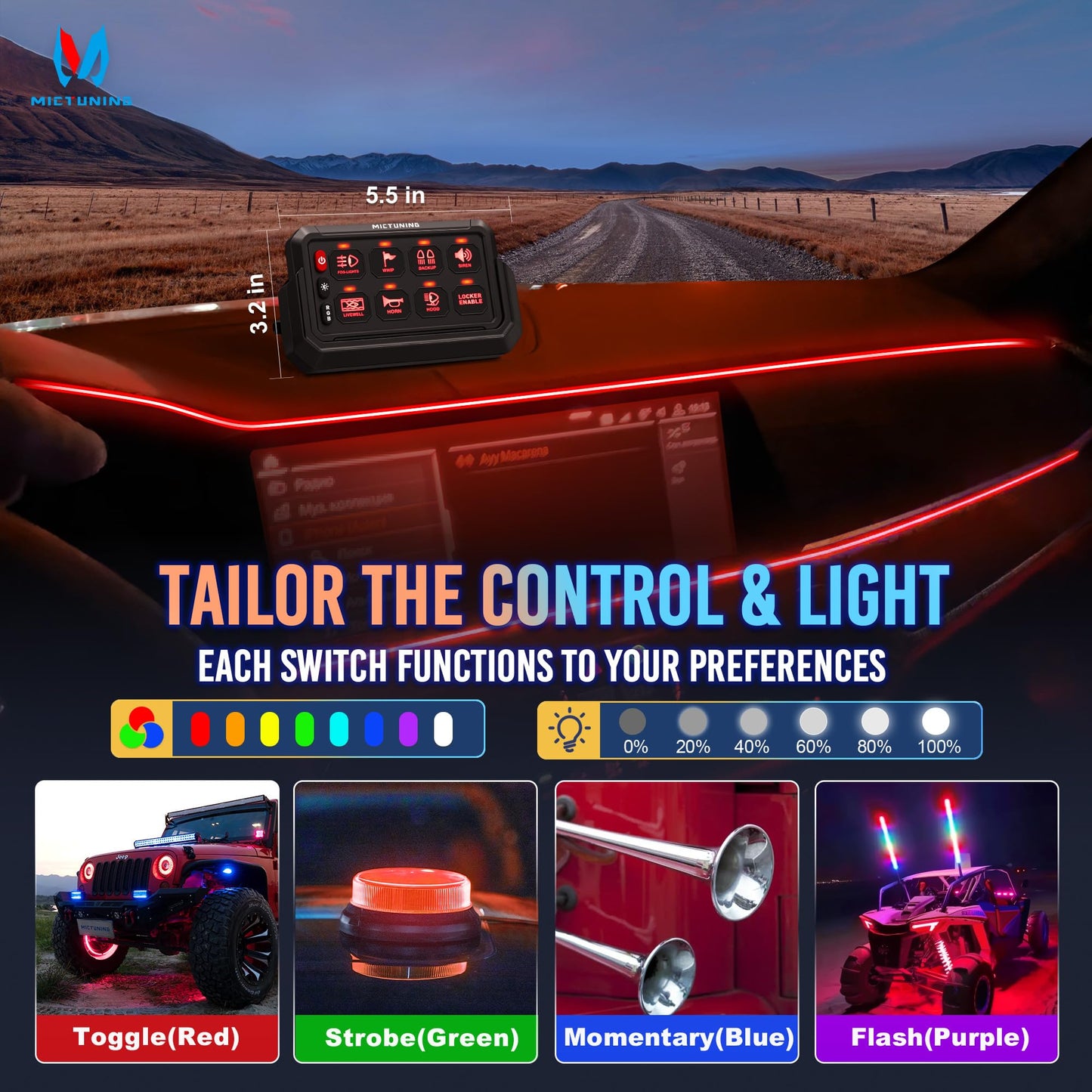 MICTUNING P1s-AC Wireless RGB 8 Gang Switch Panel, 433MHz Remote Control Range Up to 165FT Plug and Play 12V Multifunction Toggle Momentary Strobe Pulsed Circuit Control Relay System Box for Car RV