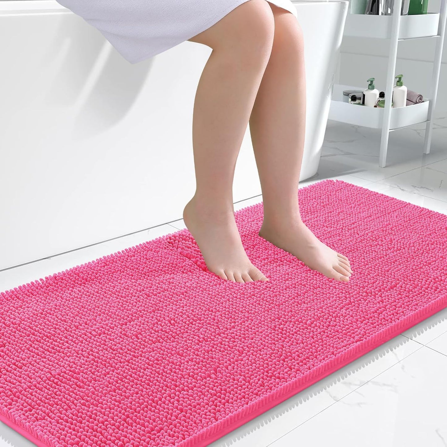 OLANLY Bathroom Runner Rugs - Soft Absorbent Chenille Bath Mats | Quick Dry, Machine Washable, 47x24, Hot Pink