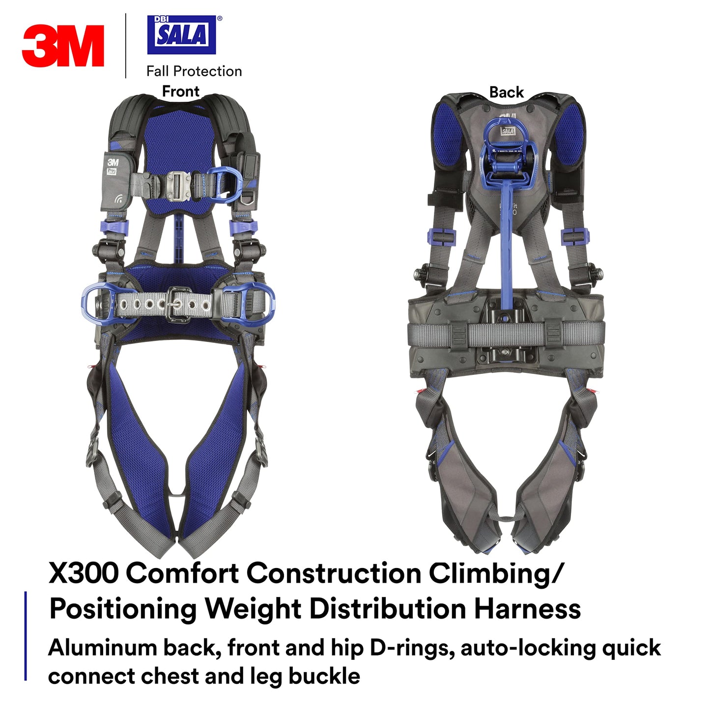 3M DBI-SALA Construction Weight Distribution Climbing/Positioning Safety Harness, Fall Protection, OSHA, ANSI, Back, Front and Hip D-Rings, Dorsal D-Ring, Auto-Lock Quick-Connect Leg Buckle, Small