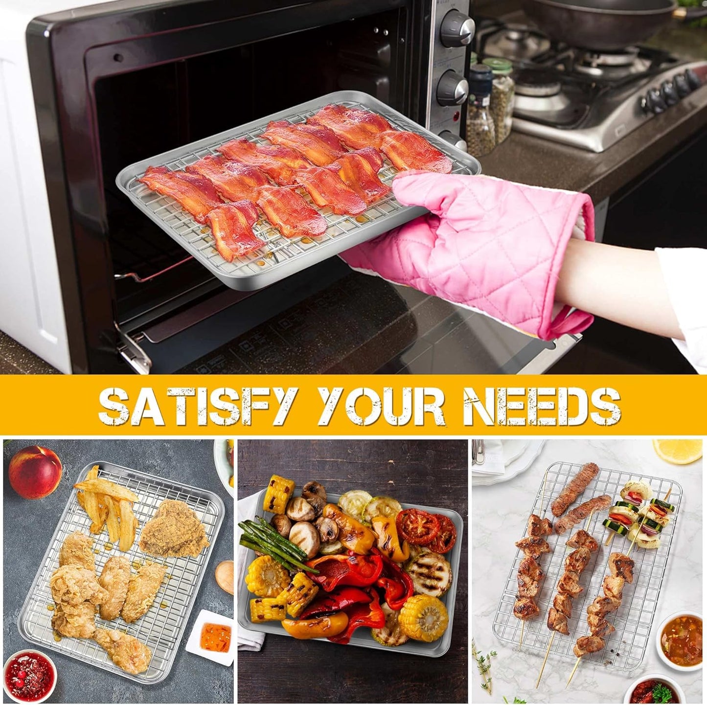 P&P CHEF Toaster Oven Pan Set - 10.4 Inch Stainless Steel Baking Tray & Cooling Rack | Dishwasher Safe, Non-Toxic, Easy to Clean