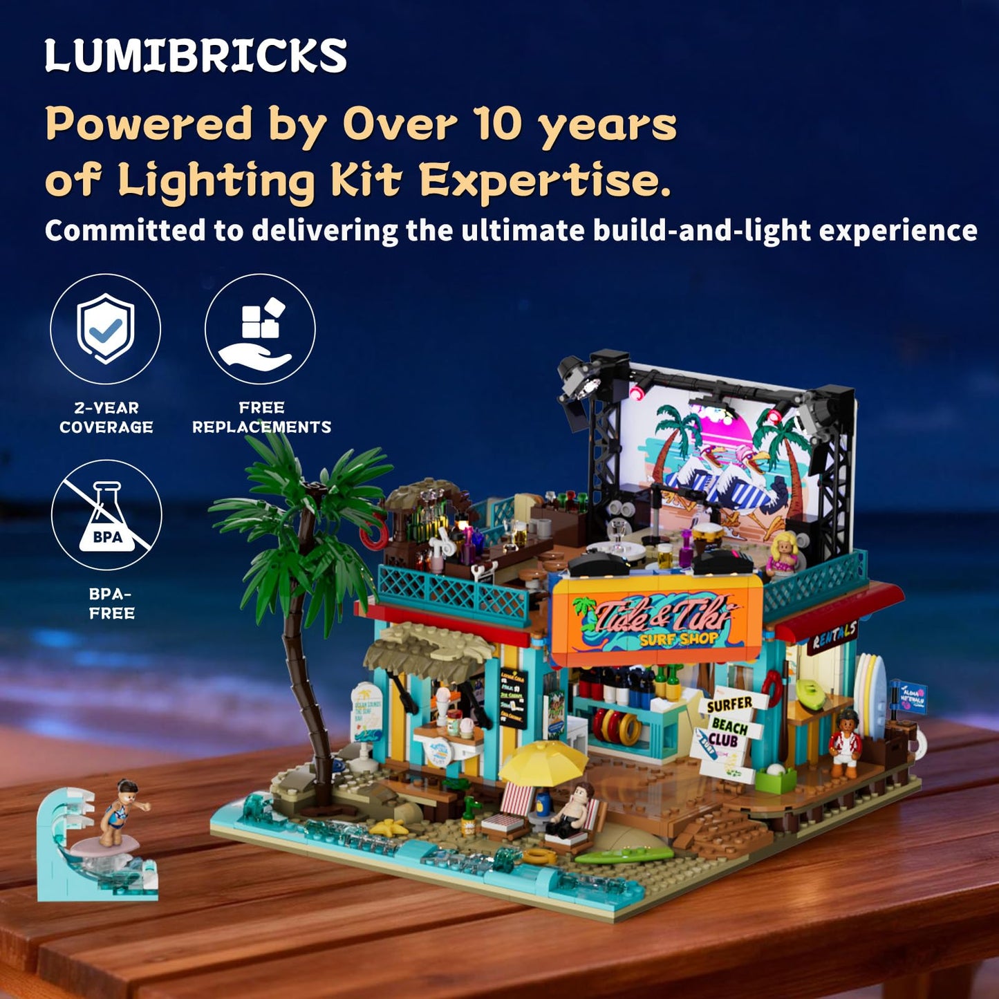 Lumibricks Surf Shop Lighting Building Bricks Set - Coast Club Modular Collection Display Kit with LED and Minifigures 1752 Pcs for Adults & Teens & Marine Enthusiasts
