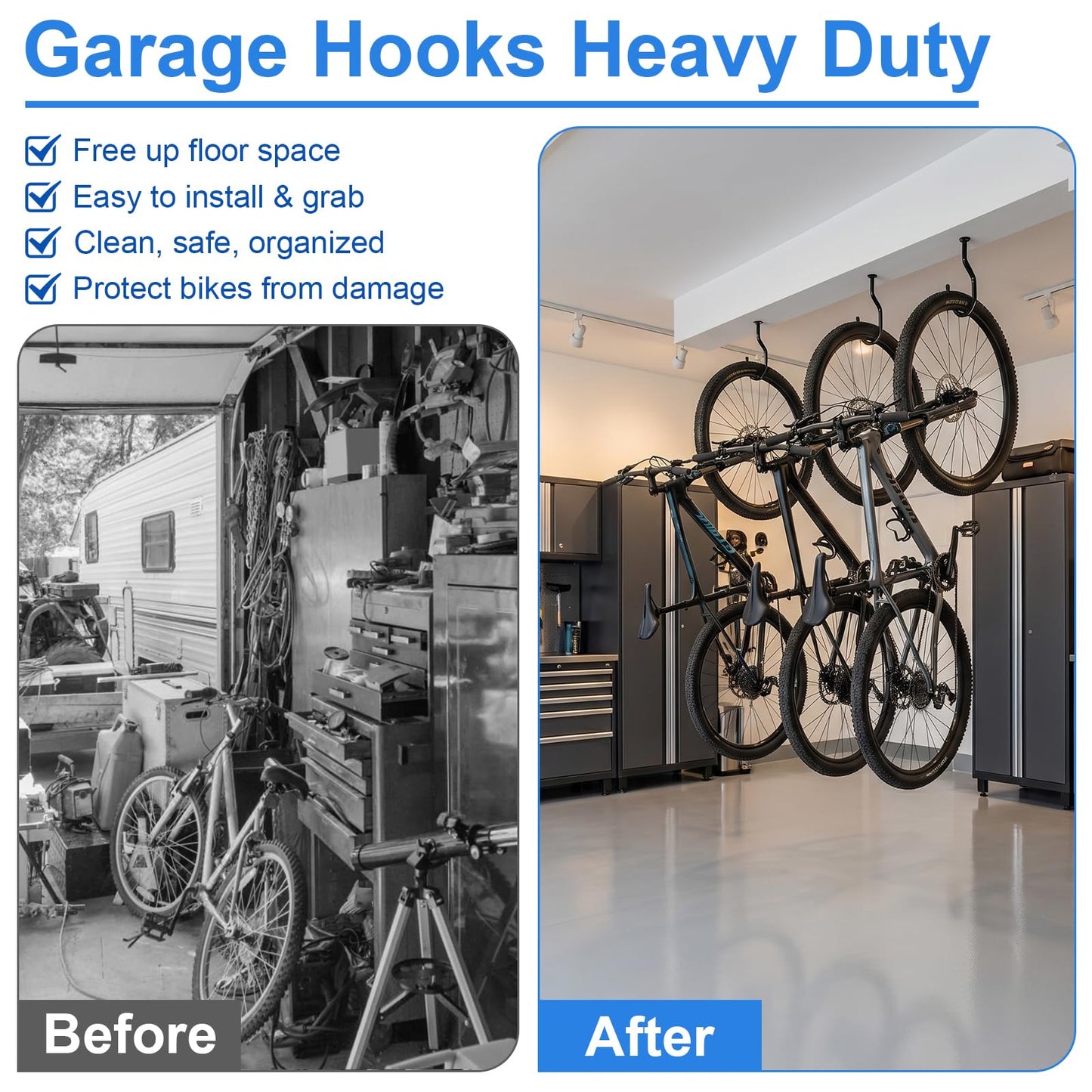 Garage Hooks Heavy Duty, Bike Hooks for Garage Wall Ceiling Mount, 100lbs Capacity Carbon Steel Bicycle Hangers with Anchors, Wide Opening Utility Storage Hooks for Mountain Road Bike Ladder 2 Pack