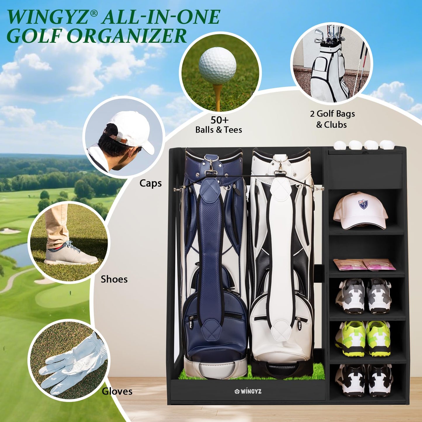 WINGYZ Premium Birch Plywood Golf Bag Storage for 2 Bags | 36lb Rock-Solid Golf Bag Organizer | 7-Shelf Command Center | Artificial Turf 12-Ball Display | No Wall Mounting Required (Black)