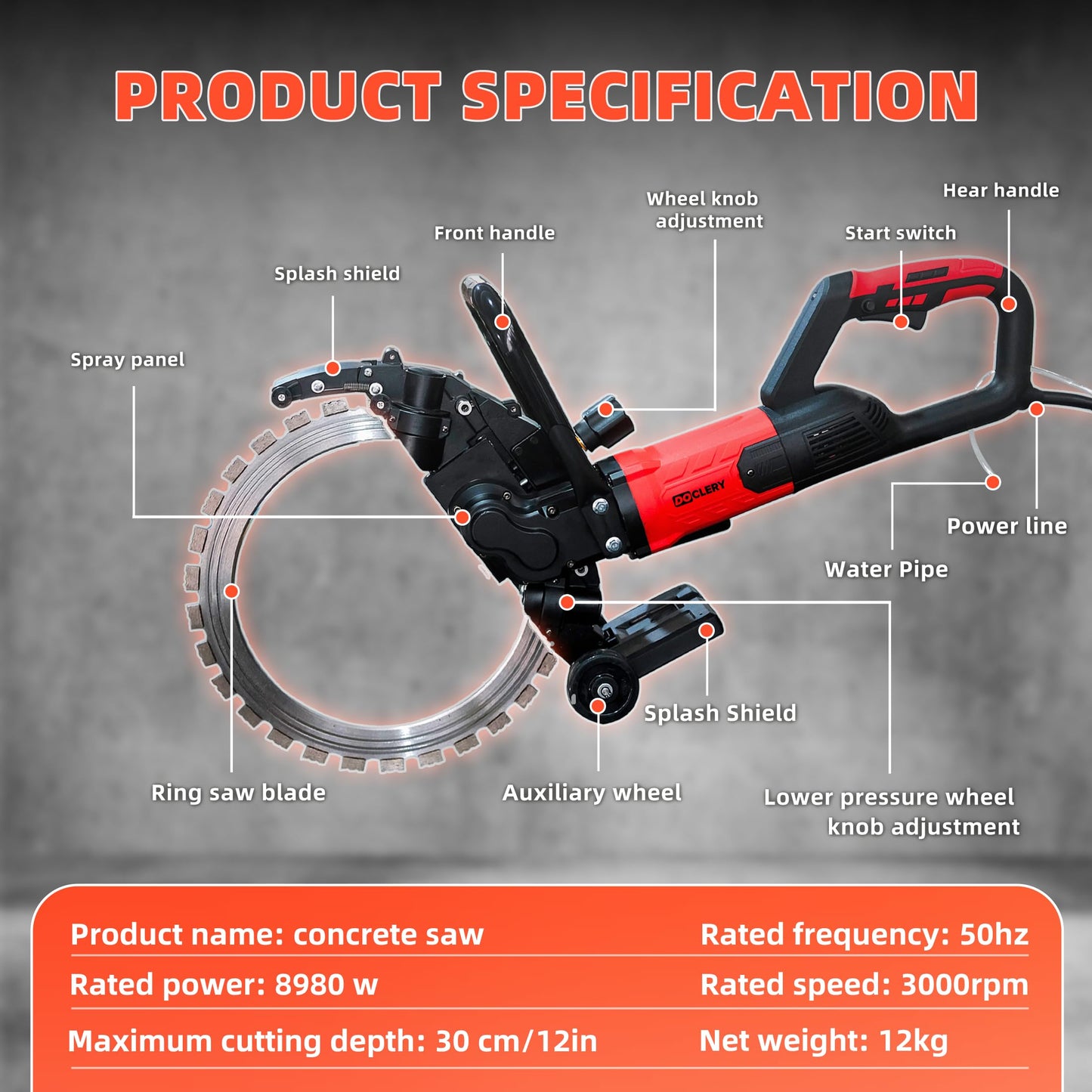 16" Toroidal Electric Concrete Ring Saw 8980/110V,Wet/Dry Cutting with Water Pump,Max Depth 13.8", Electric Concrete Cutting for Brick, Concrete, Marble, Rebar
