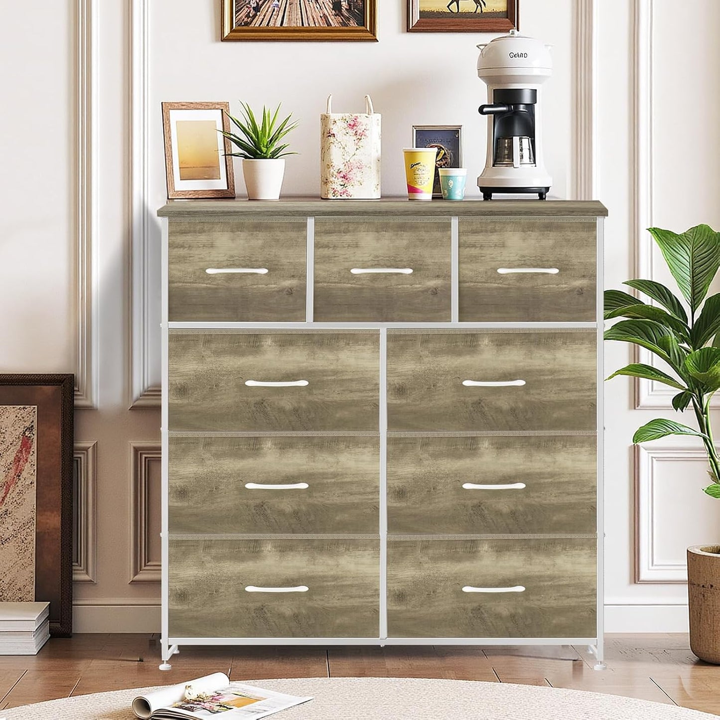 Skiennix 9-Drawer Dresser - Anti-Tip Tall Storage Organizer with Wooden Top & Metal Frame | Greige Oak