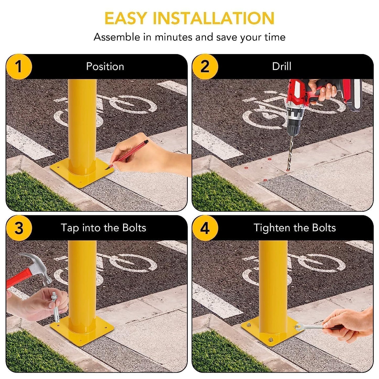 6Pcs Yellow Safety Bollards 48-Inch Steel Traffic Control Posts, 4.5-Inch Diameter with 24 Anchor Bolts, for Driveway Barriers and Parking Solutions