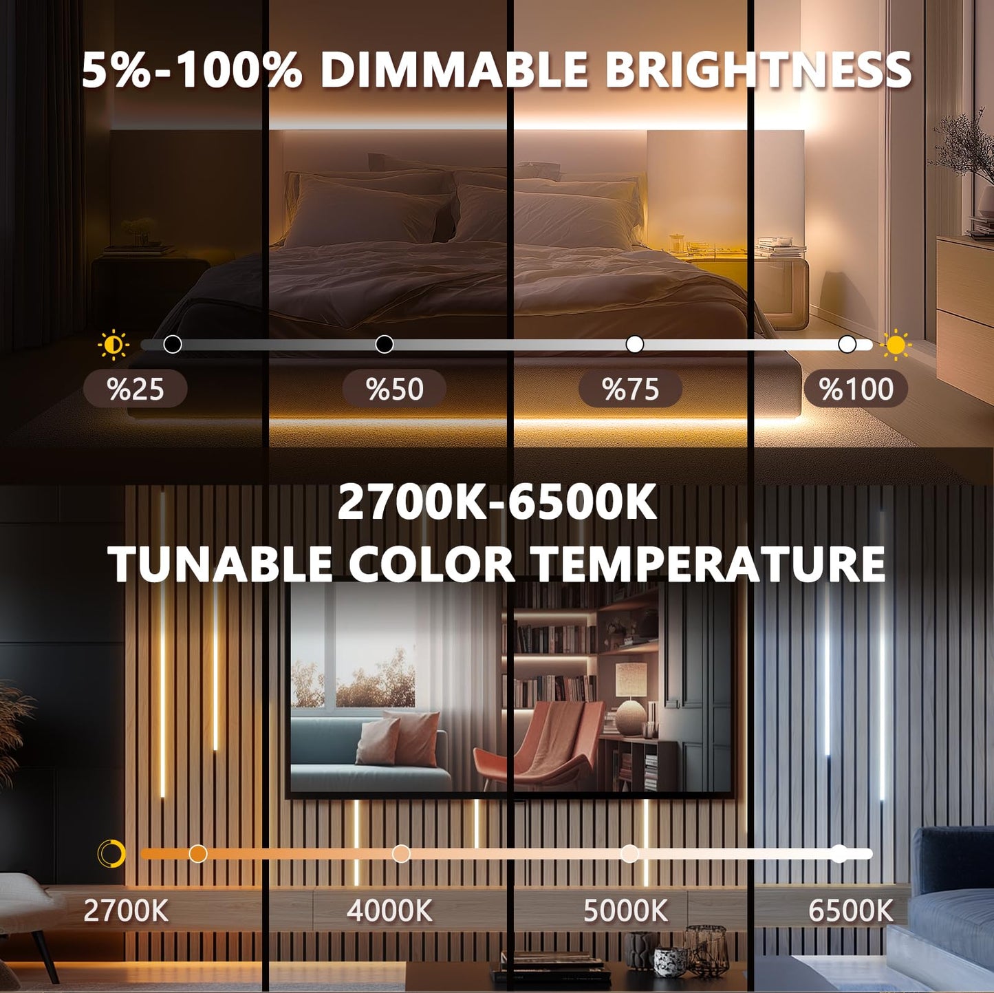 V4light 16.4ft Smart Silicone LED Strip for Recessed Lighting, 2700K-6500K CCT, CRI90+ Dot-Free, Works with Alexa, App&Remote, Cuttable & Dimmable, Clip Mount for Wood Slat Wall, Under Cabinet, Stairs