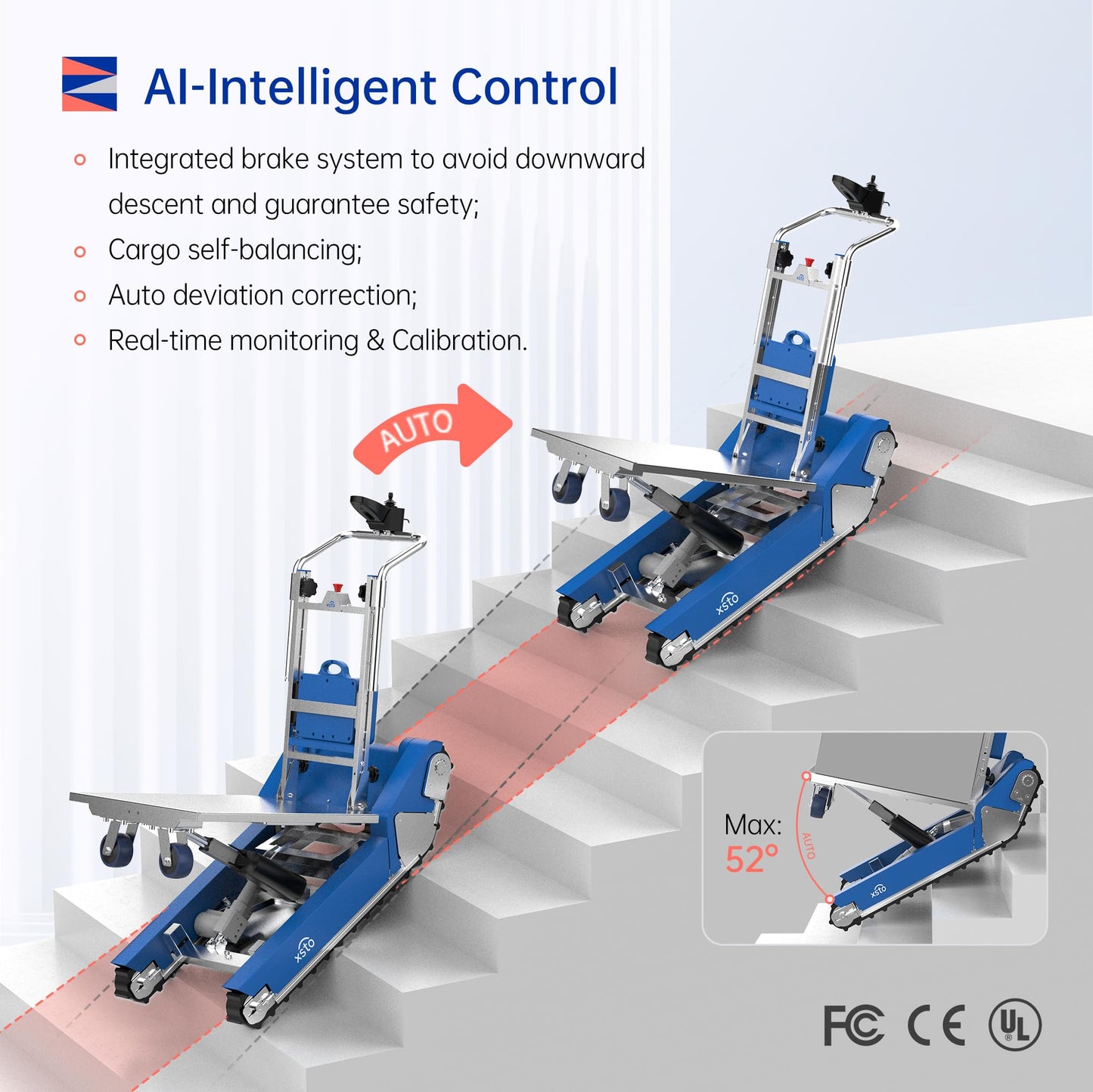 XSTO CT50 AI Electric Stair Climbing Robot, 925lbs Heavy Duty Load Capacity, LiDAR Obstacle Avoidance, Auto-Balancing Remote Control All-Terrain Material Handling Robot