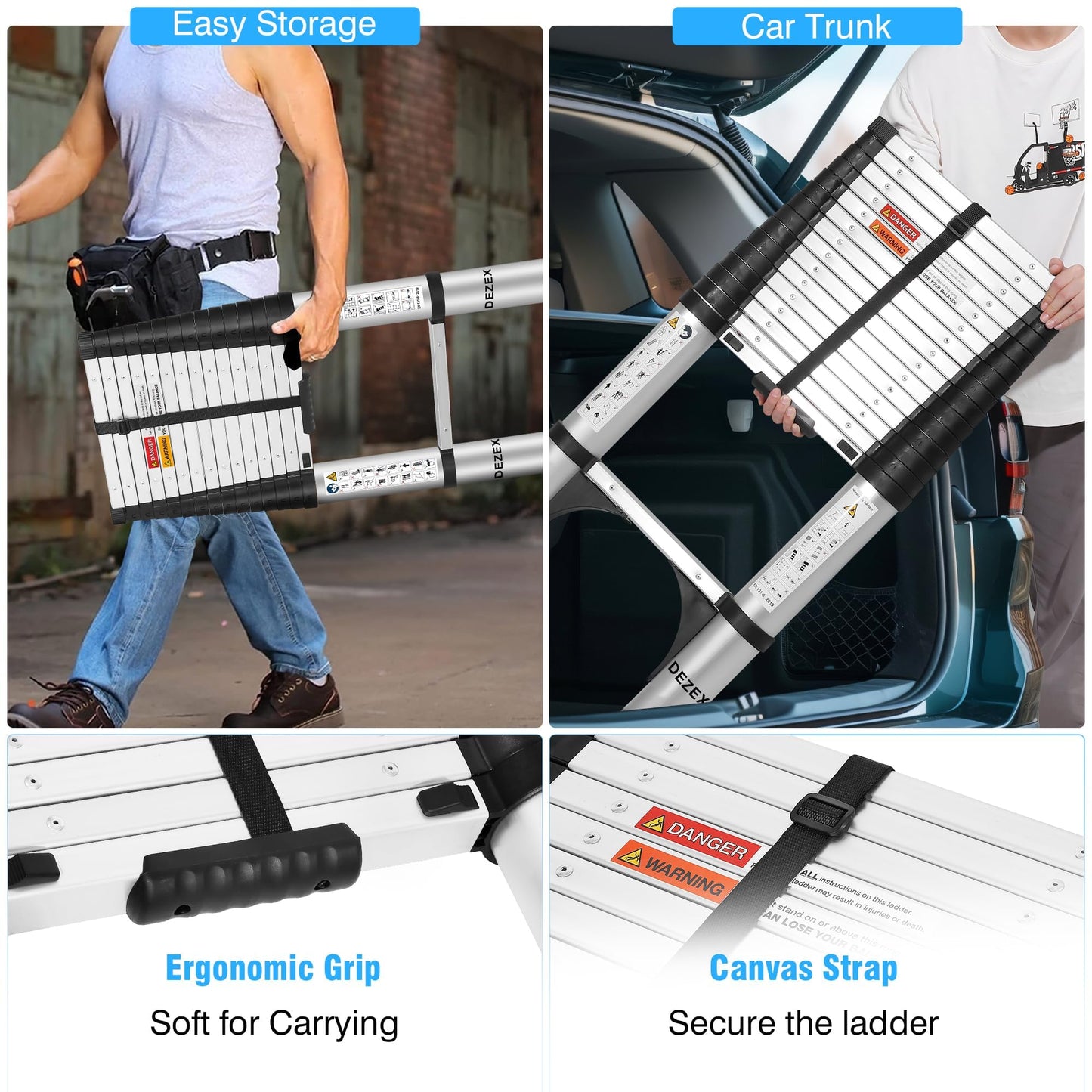 DEZEX 15.5 FT Aluminum Telescoping Ladders - One-Button Retraction Collapsible Extension Ladder for Home,RV,Attic,Lasts 330 LBS with Swivel Feet and Non-Slip Cushion