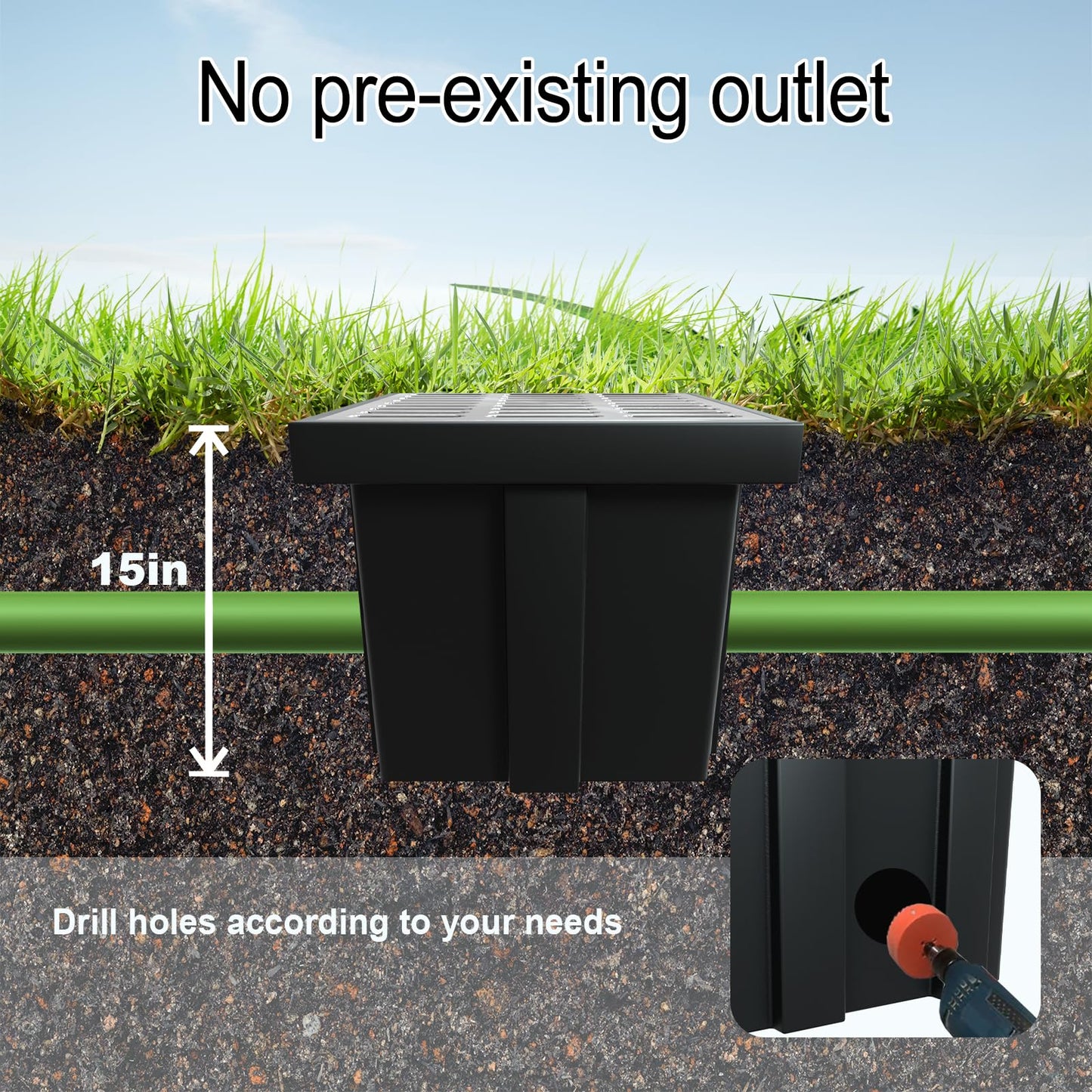 Catch Basin with 304 Stainless Steel Grate, 18x18x15 in Large Drainage Catch with Debris Basket, French Drain Basin Without Reserved Hole for Yard, Downspout, Patio, Municipal Pipeline (1)