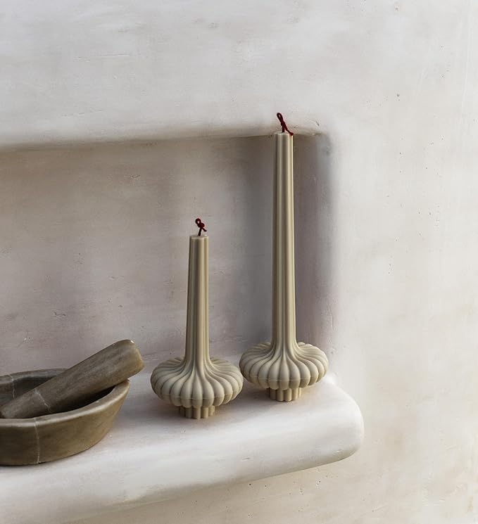 LAWA Set of 2 Pumpkin Base Candle - Beautiful Handmade Pillar Unscented Soy Wax Elegant Aesthetic Vase Candle Housewarming Gift Home Room Shelf Decor Idea Olive Beige