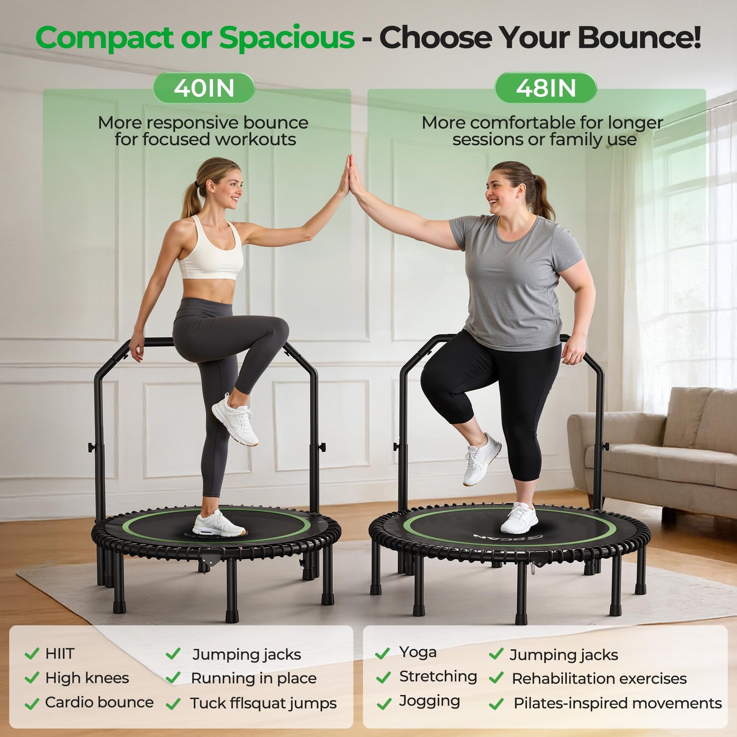 BCAN BT2 450/550LBS Mini Rebounder Trampoline for Adults with Bar, Fitness Trampoline with Bungees, Adjustable Handle, Stable & Quiet, Indoor Outdoor, Whole-Body Workout & Relaxation at Home-40IN-GRN