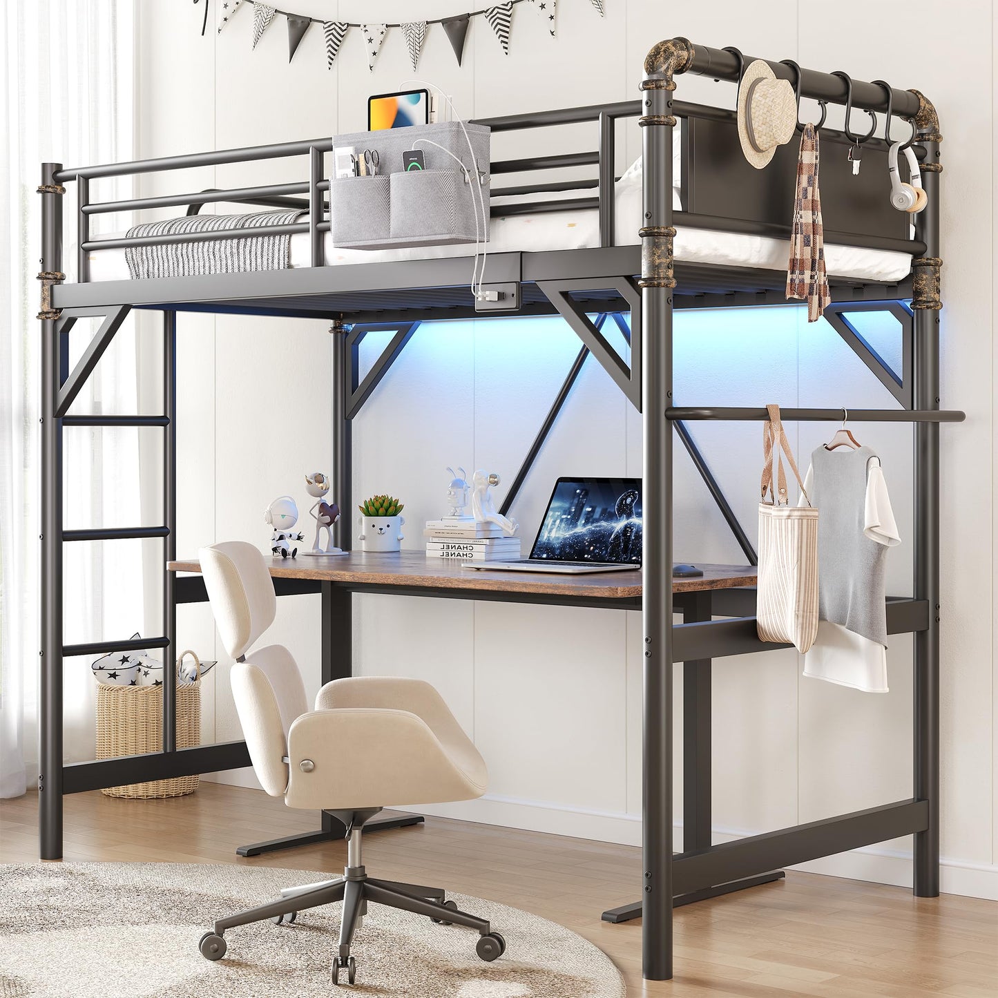 Twin Size Loft Bed with LED Lights and Charging Station, Industrial Heavy Duty Metal Loft Bed Frame with Ladder and Guardrail for Kids Adults, Small Space Saving Design for Bedroom Dorm, Black