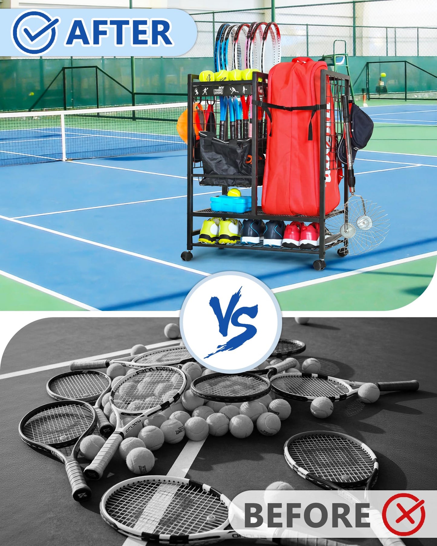 Mythinglogic Tennis Racket Rack, Rolling Storage Rack with Lockable Wheels, Large Capacity Tennis Equipment Storage Organizer for Garage, Club, School